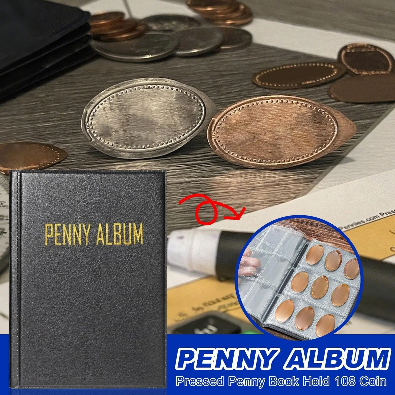 Pressed Penny Album, Coin Holder Book, 108-Slot Currency Organizer, Money Storage Case, Souvenir Display Binder, Ideal for Quarter, Dollar, Stamp, Bill, Kids, Collector, Home Use
