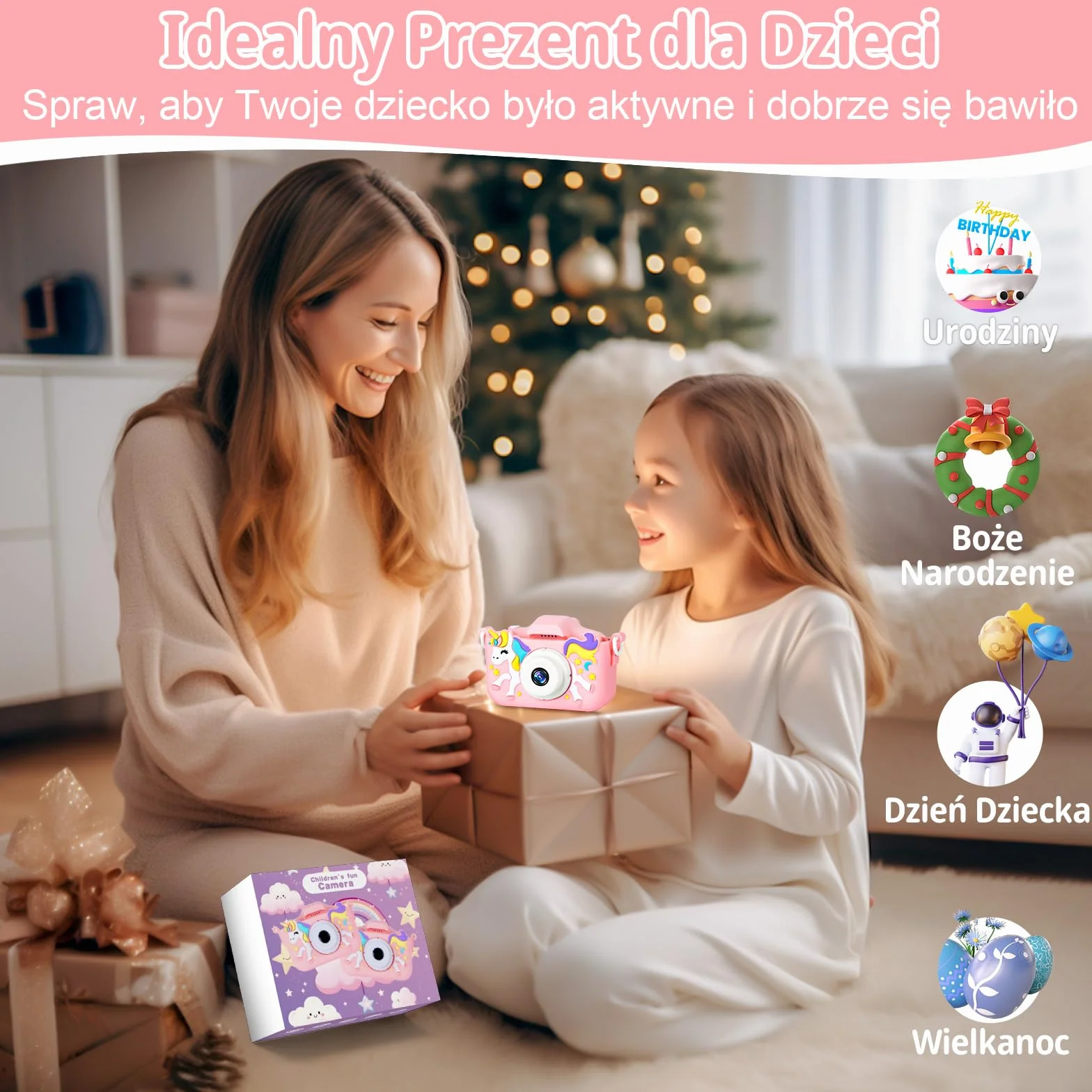 48-megapikselowy Aparat dla Dzieci, 2,0-calowy Ekran 1080P z Kartą SD, 32 GB Cyfrowy Aparat do Selfie dla Chłopców i Dziewczynek w wieku 2-12 lat, Zabawka na Prezent Urodzinowy (Różowy)