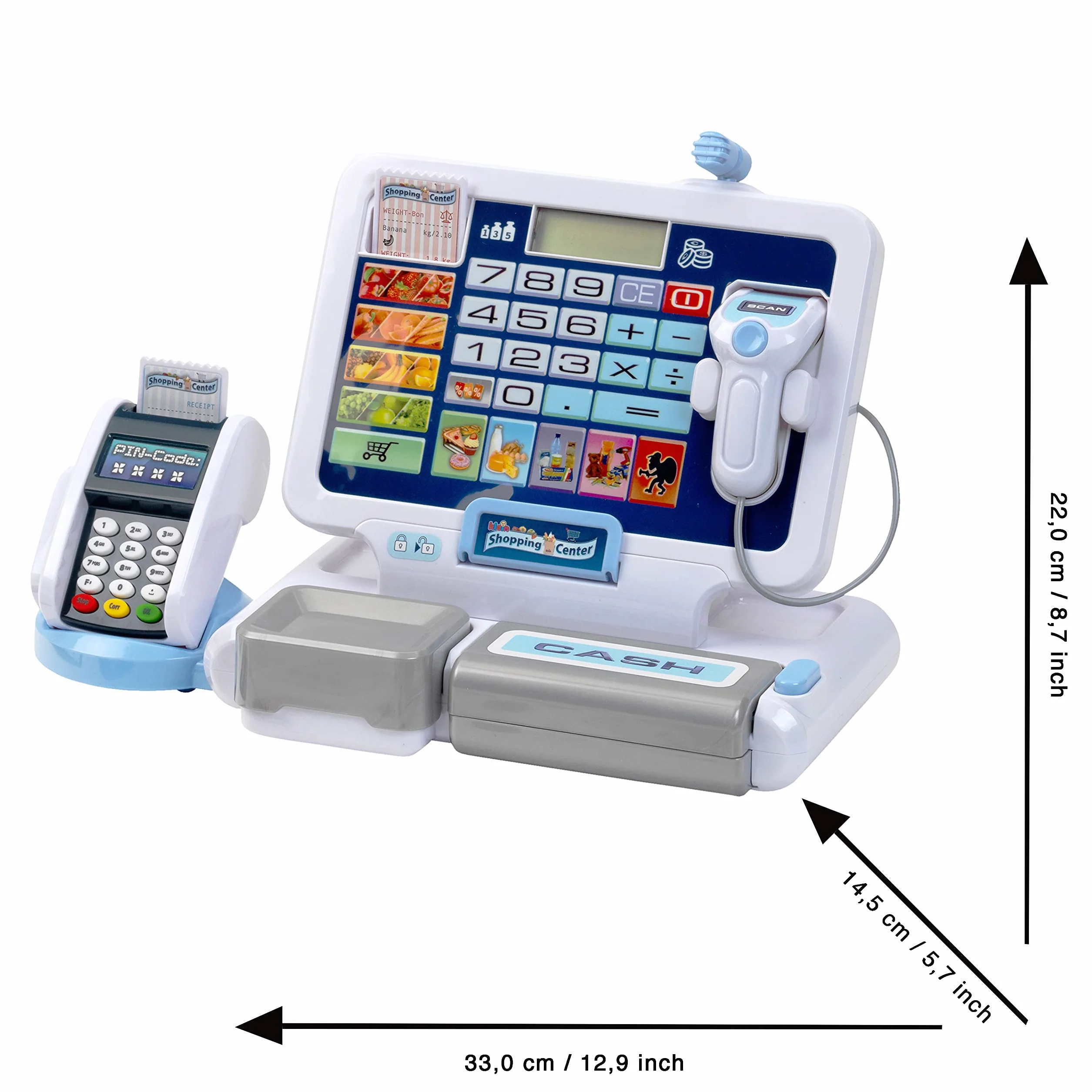 Theo Klein 9387 Kasa z tabletem | Zabawkowa kasa z dźwiękiem i wyjmowanym tabletem, terminalem POS, skanerem i zabawkowymi pieniędzmi | Wymiary: 33 cm x 14,5 cm x 22 cm