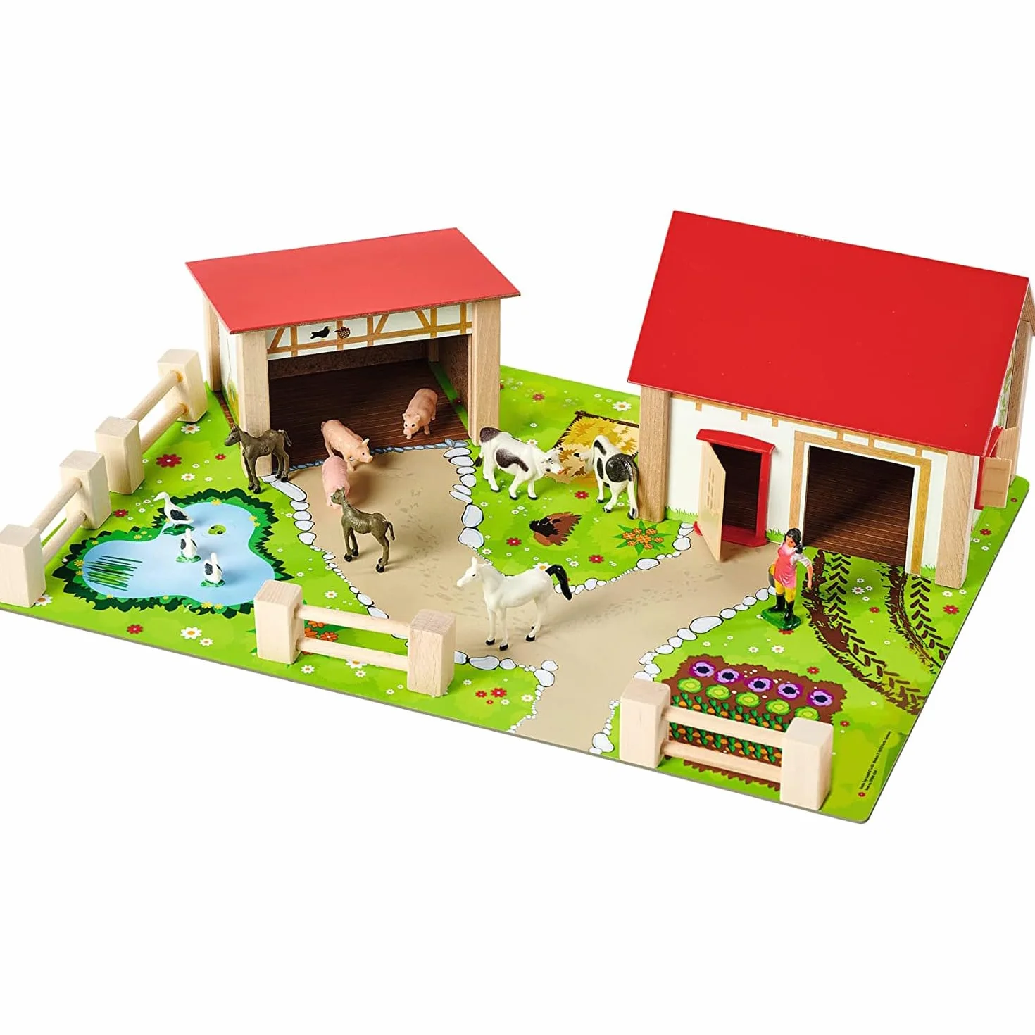 Eichhorn 100004309 Drewniana Farma 21 elementów, zestaw do zabawy gospodarstwo, zagroda i zwierzątka, 36 x 51cm, FSC® 100%, bezpieczna zabawka dla dzieci od 3 lat