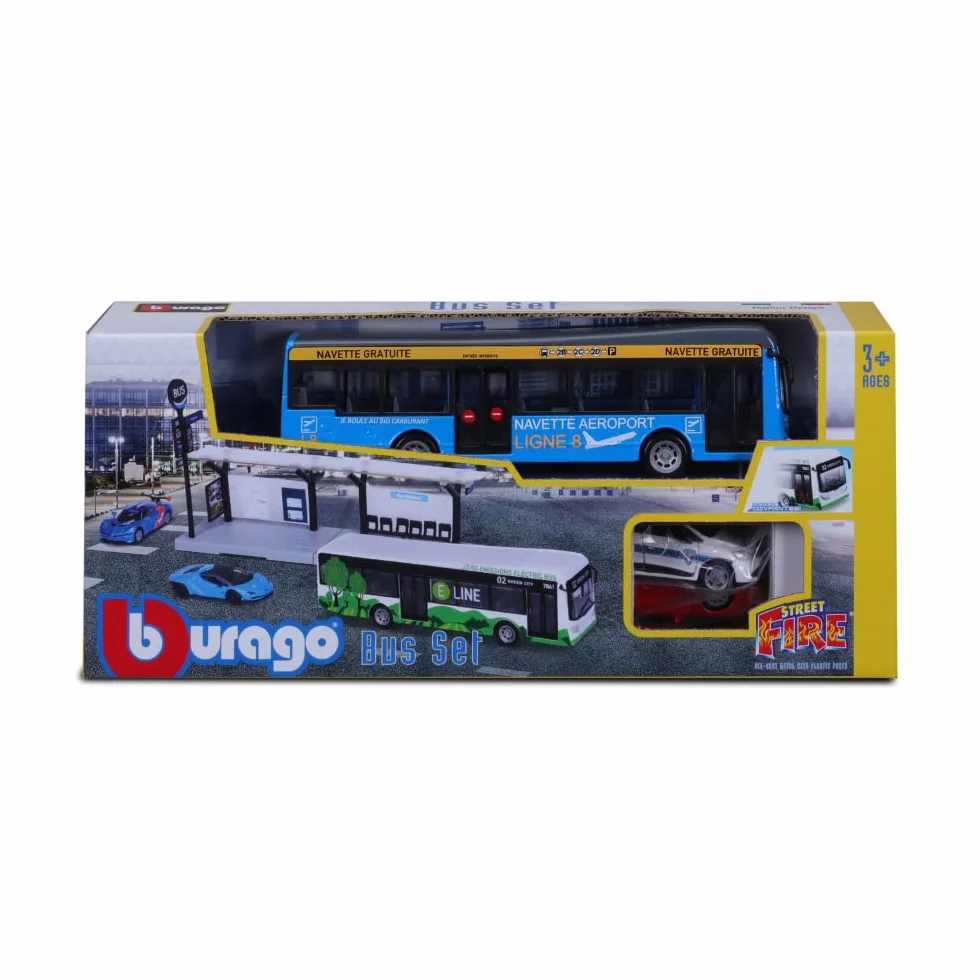BBURAGO 1/64 PUBLICZNY TRANSPORT - Playset City Bus + Stacja + 2 pojazdy -, Niebieski lub Zielony