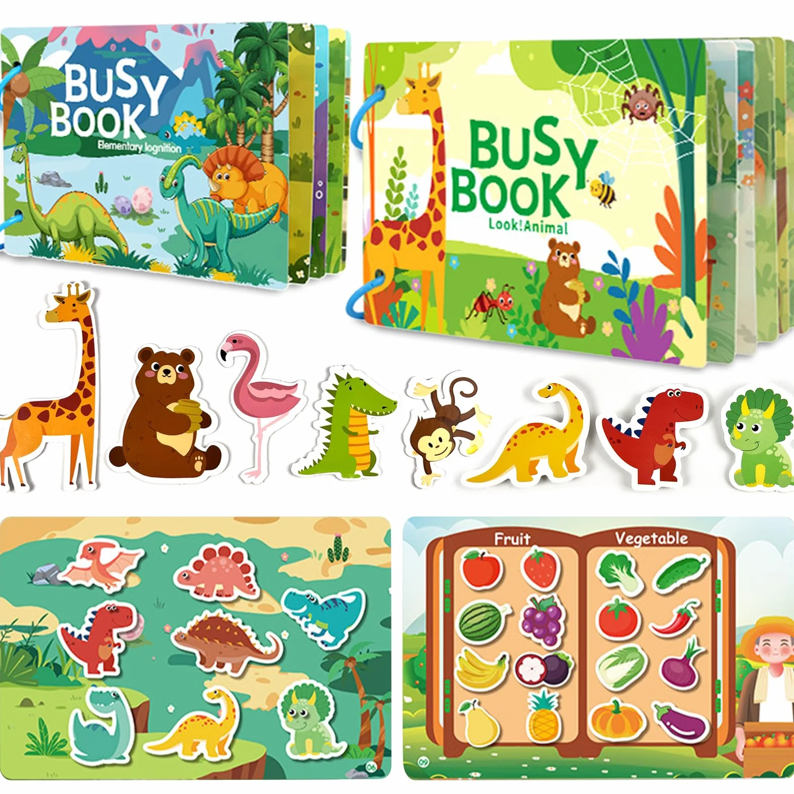 2PC Montessori Busy Book dla dzieci 1 2 3 4 5 lat, Quiet Book, książka z ćwiczeniami do nauki zwierząt, kolory, kształty, owoce, warzywa, pojazdy, żywność i dinozaury
