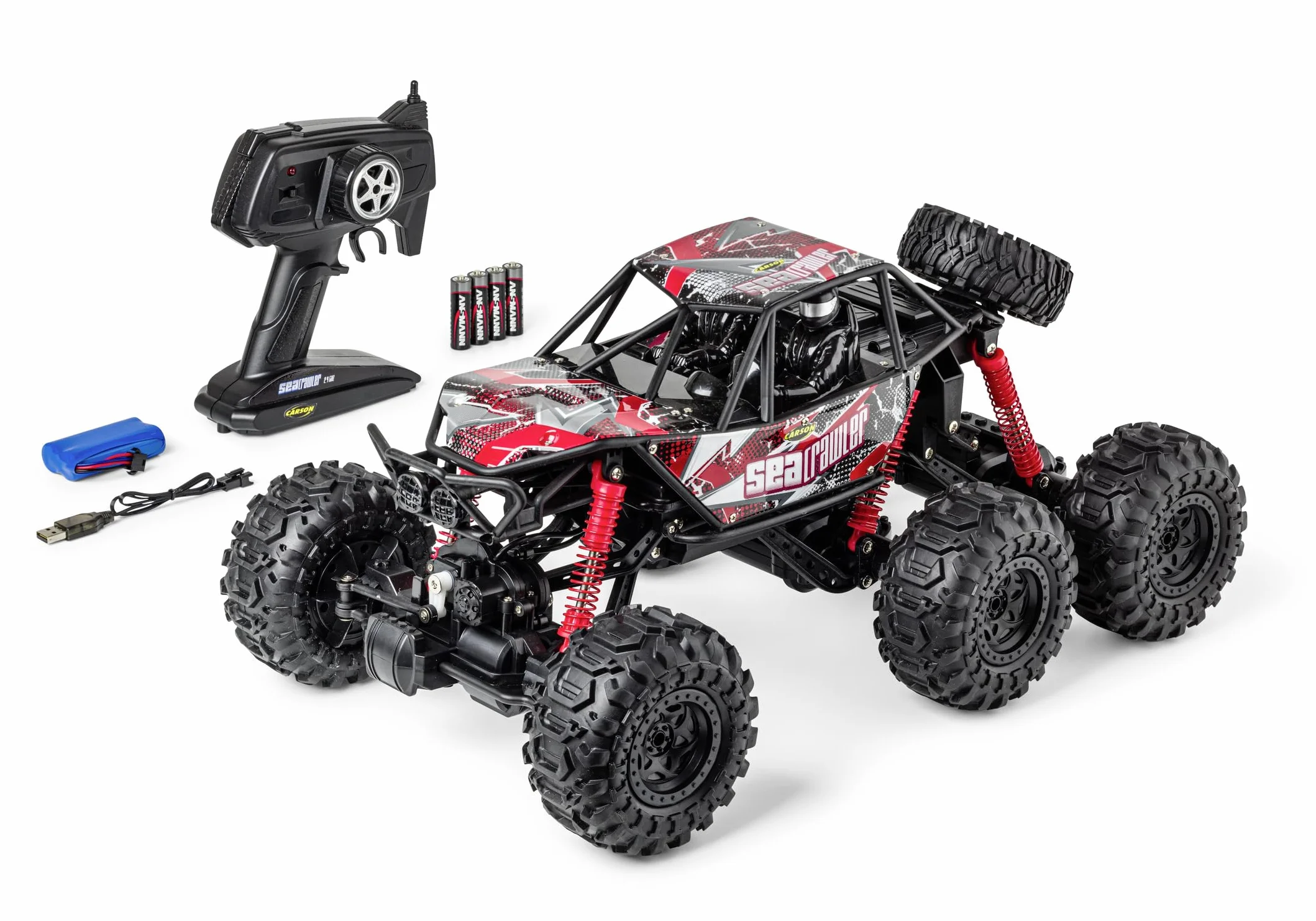 Carson 500404287 1:10 Sea Crawler 6 x 6 100% czerwony RTR – samochód RC jako pojazd amfibii, 100% RTR, do lądu i wody, wytrzymały i wodoodporny, z pilotem zdalnego sterowania 2,4 G