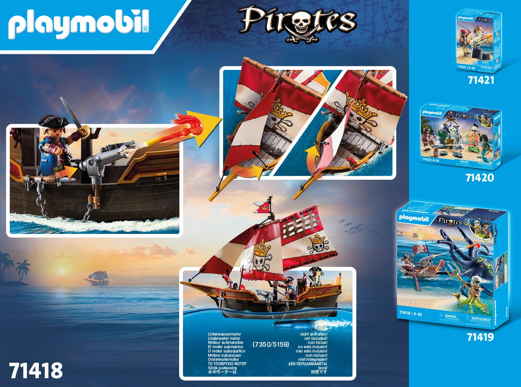 PLAYMOBIL Pirates 71418 Statek piracki, ciekawe, pirackie przygody na pełnym morzu, z bogatym wyposażeniem: teleskop, kompas i armaty, od 4 roku życia