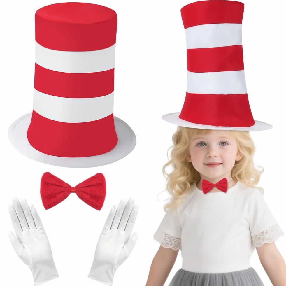 AUYAO Kostium kota dla dzieci, kostium szalonego kota, kostium The Cat In The Hat kostium Grinch kostium dla dzieci, w paski, czerwony kapelusz, czerwona muszka, białe rękawiczki, ogon kota, kostium