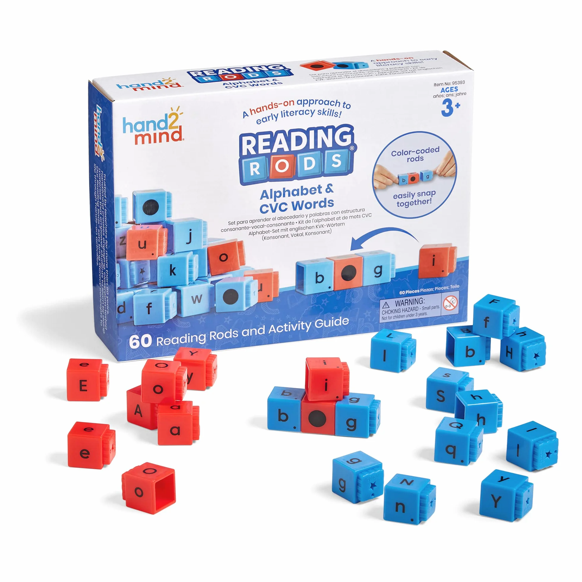 Learning Resources Klocki Reading Rods do Nauki Alfabetu i Trzyliterowych Słów, Nauka czytania, Zabawa w tworzenie słów, Klocki z literkami, Zabawki do nauki ortografii