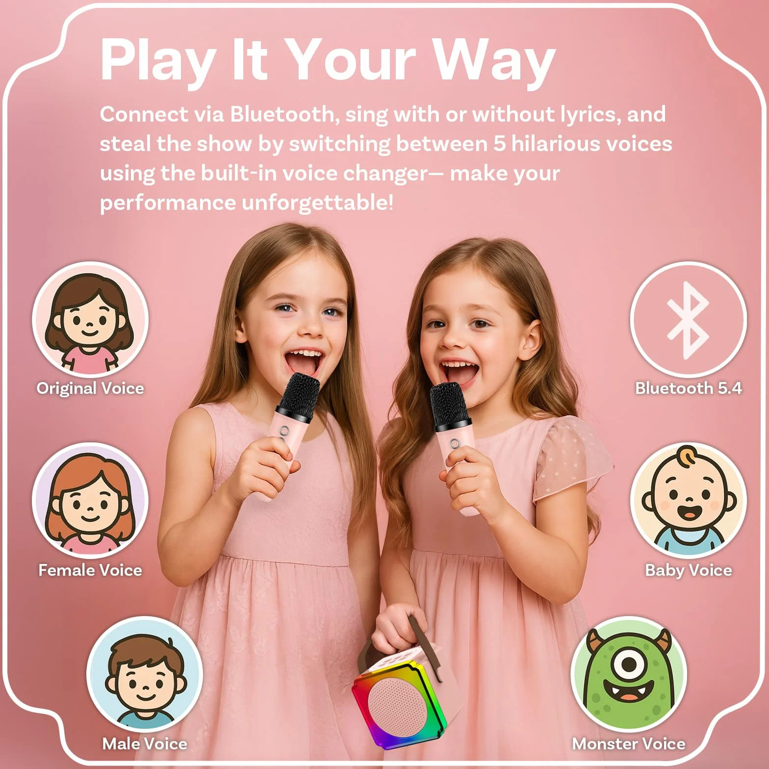 Maszyna do Karaoke dla Dzieci firmy MMOBIEL - Przenośna Maszyna do Karaoke - Głośnik Bluetooth, 2 Mikrofony, Światła LED, 5 Efektów Dźwiękowych - Prezenty dla Dziewcząt, Chłopców, 3+ Lata - Różowy