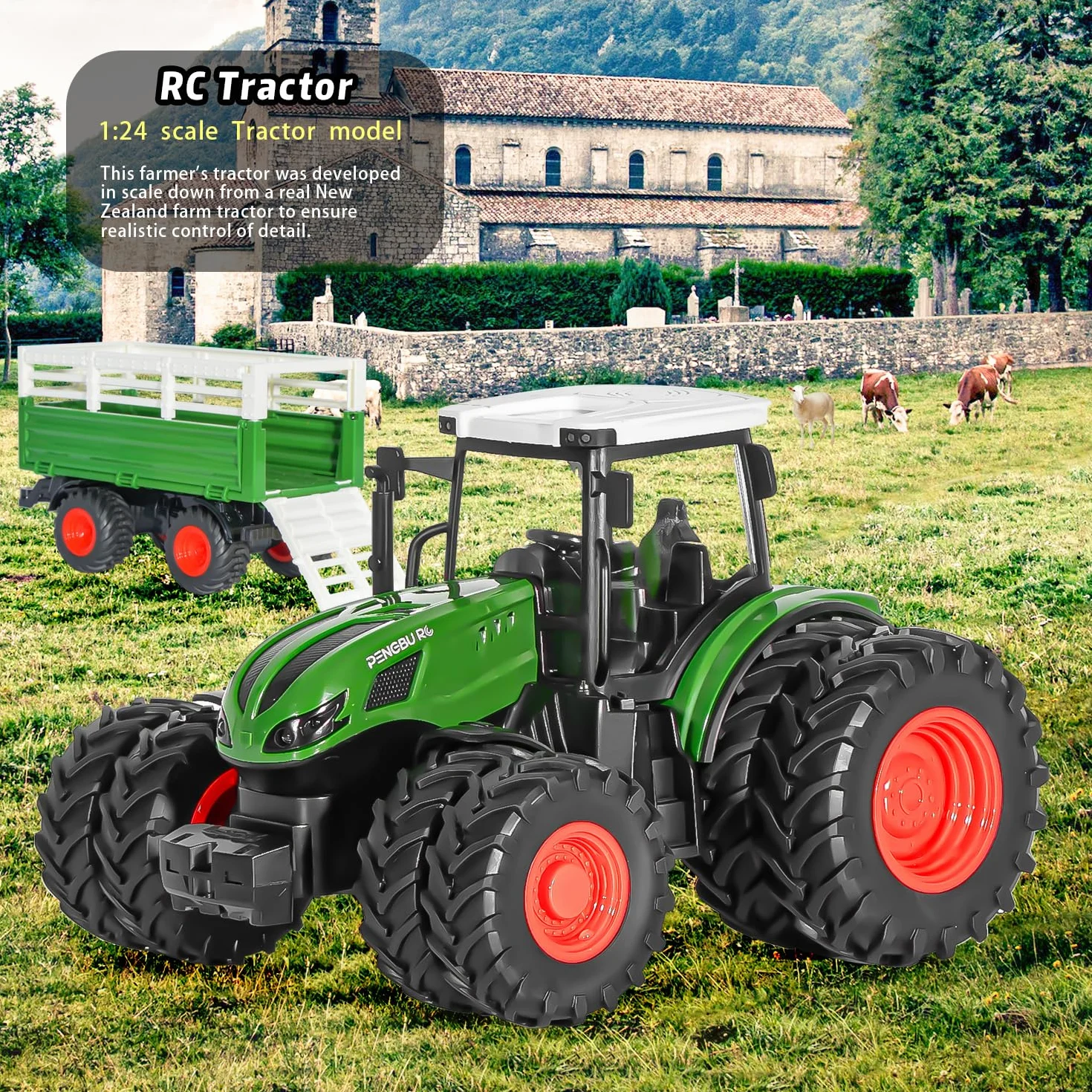 PENGBU RC Zabawka Traktorowa 2,4 GHz, Zdalnie Sterowany Traktor Rolny z Pilotem, Krowa i Owca - Prezent dla 3-8 Lat