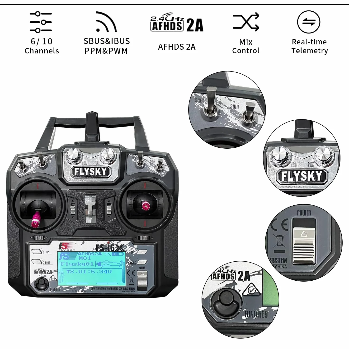 HAWK'S WORK FS-i6X 10 Ch Transmitter, 2.4GHz RC Controller z FS-iA6B Receiver dla Drone Multirotor Airplane Helicopter Car Tank Boat (i6X+iA6B)