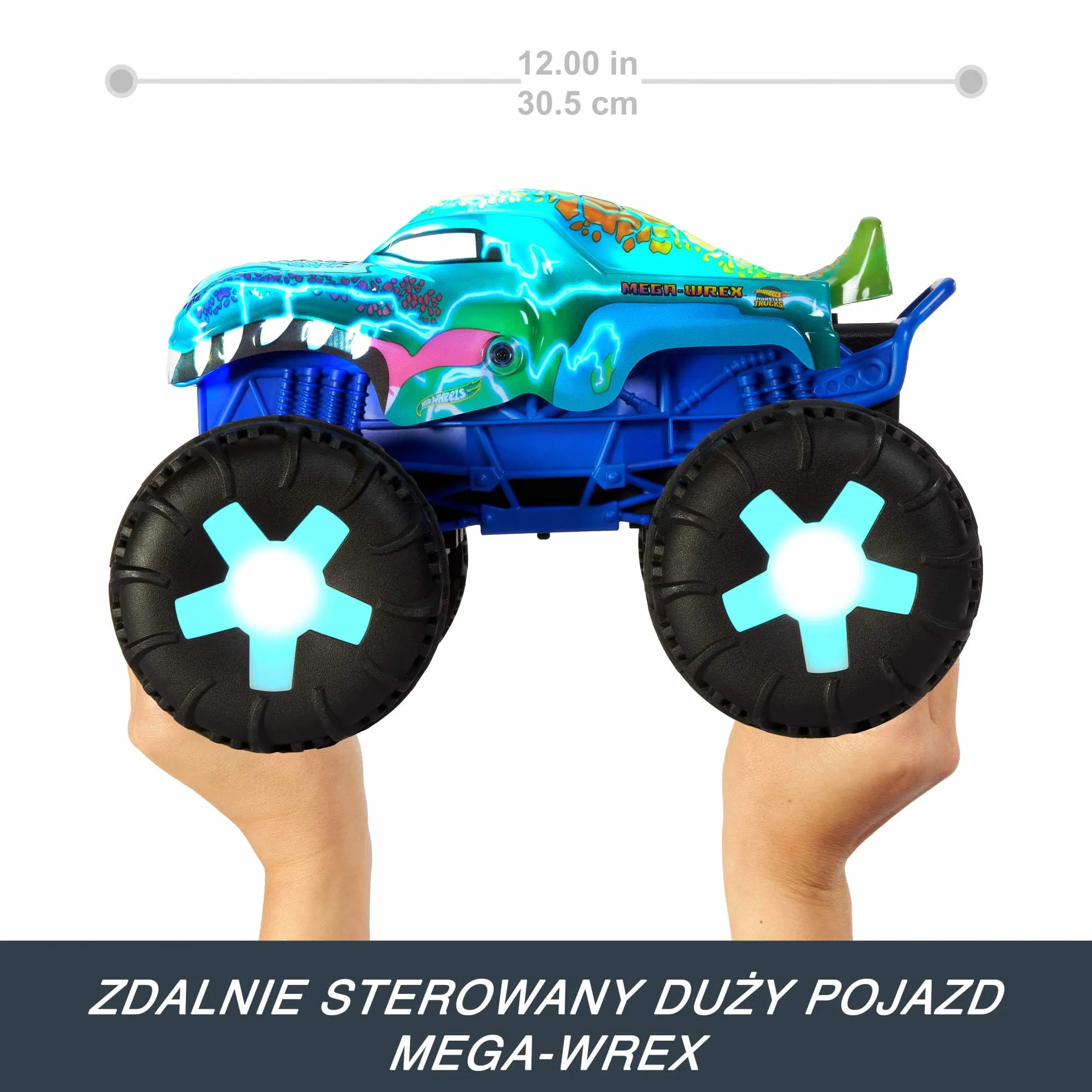 Hot Wheels RC Monster Trucks Mega-Wrex Alive Światła i dźwięki Zdalnie sterowany pojazd w skali 1:15 z 3 trybami zabawy, interaktywnymi światłami i dźwiękami, JBD90