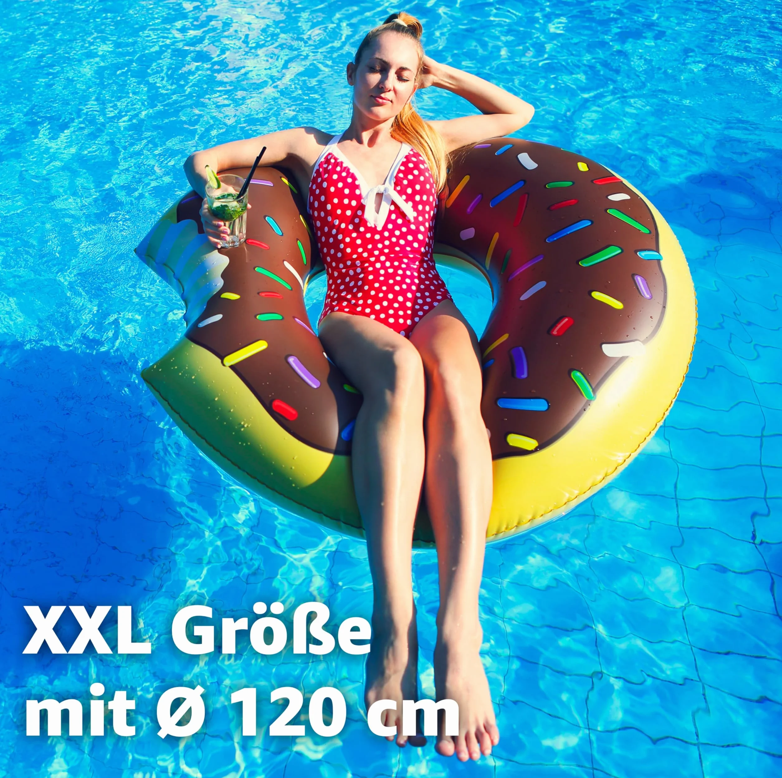 TK Gruppe Timo Klingler dmuchany donut do pływania o średnicy 120 cm + dmuchany uchwyt na napoje, dmuchane koło nad wodę, dla dorosłych i dzieci