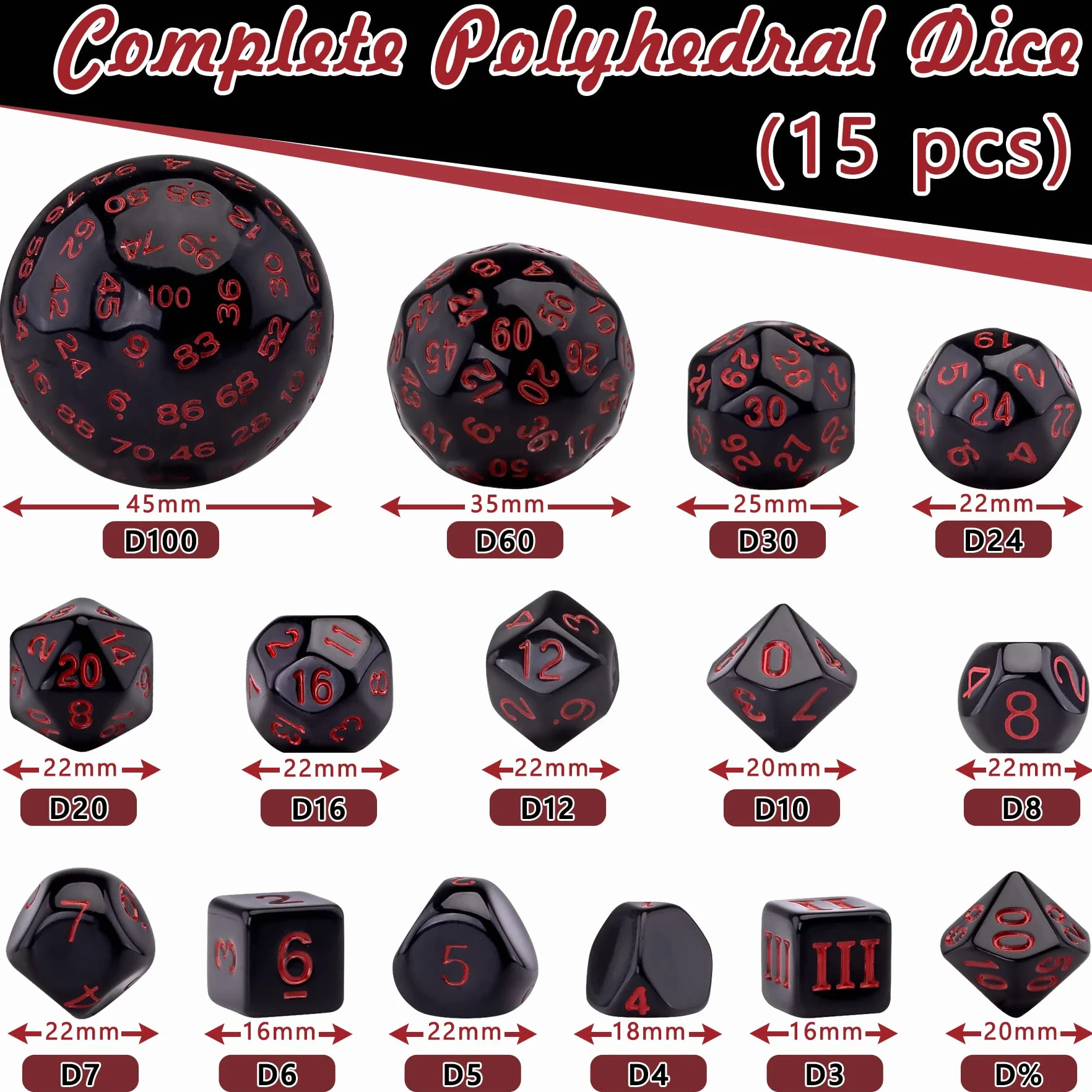 SIQUK 15 sztuk Kości wielościenne D3-D100 do RPG DND, czarno-czerwone