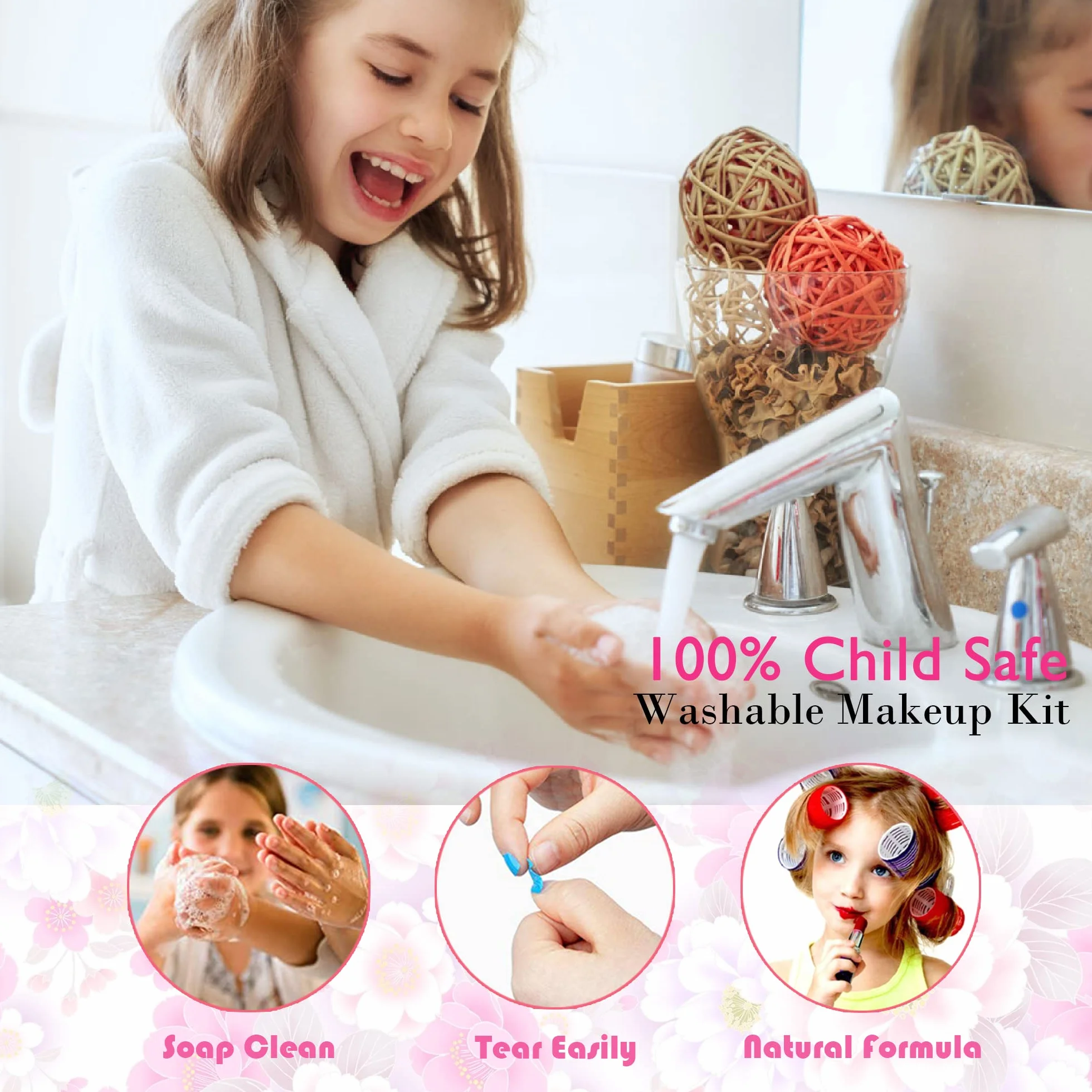 Zestaw do makijażu dla dzieci Zestaw do makijażu dla dziewczynek - 57 PCS Zmywalny zestaw do makijażu dla dzieci Zabawki dla dziewczynek, księżniczki Prezenty urodzinowe dla dziewczynek 4-12 lat