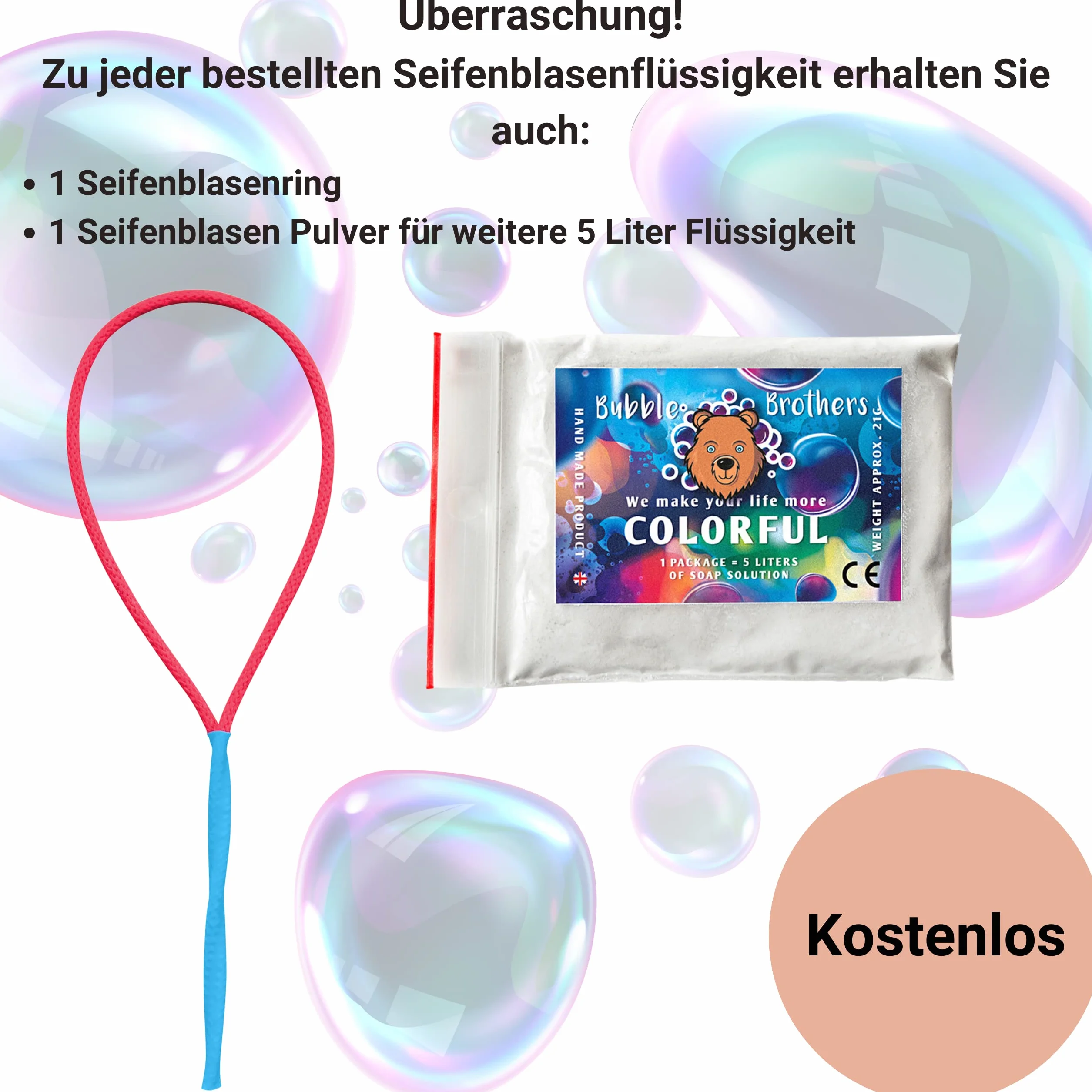 Bubble Brothers Bańki mydlane, butelka uzupełniająca, 5 l, koncentrat do dużych baniek mydlanych, stabilne bańki mydlane (1 x 5 l + 1 proszek)