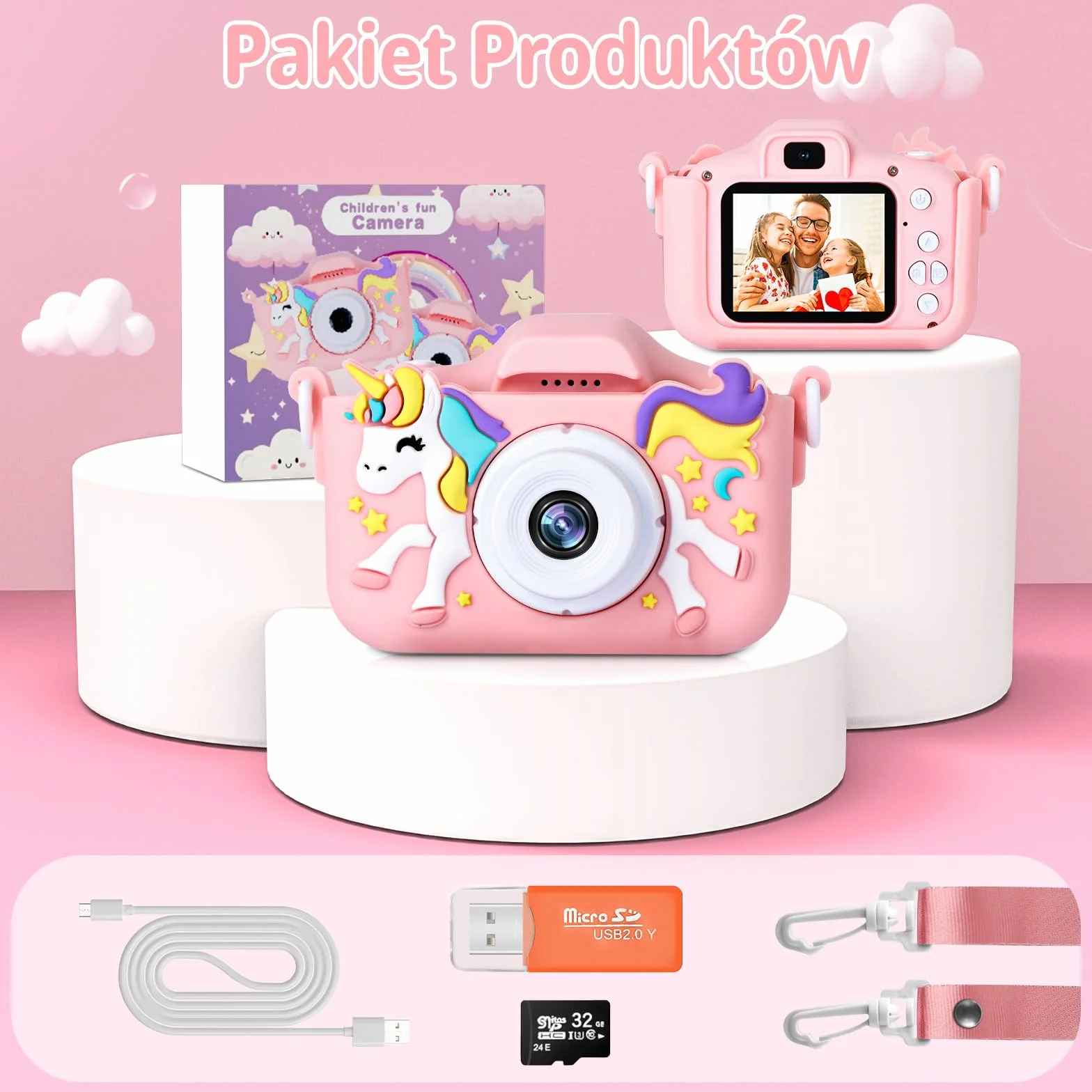 48-megapikselowy Aparat dla Dzieci, 2,0-calowy Ekran 1080P z Kartą SD, 32 GB Cyfrowy Aparat do Selfie dla Chłopców i Dziewczynek w wieku 2-12 lat, Zabawka na Prezent Urodzinowy (Różowy)