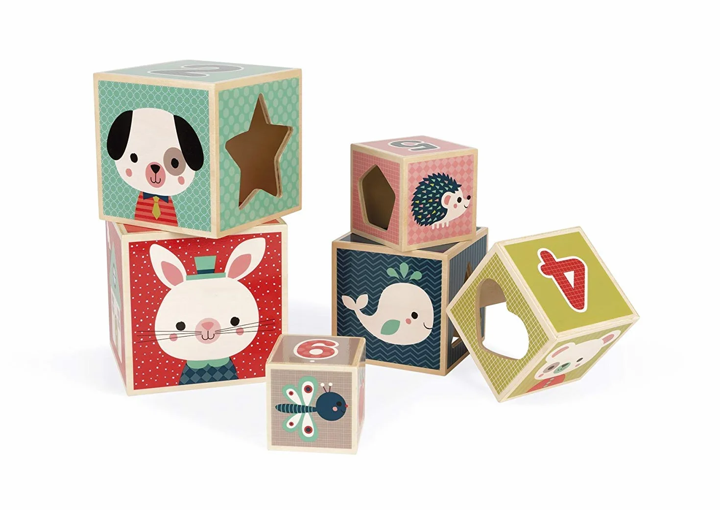 Janod - Baby Forest 6-Cube Wooden Pyramid - Early Learning Toy - Stacking and Building Toy - Fine Motor Skills and Manipulation - from 1 Year Old, J08016