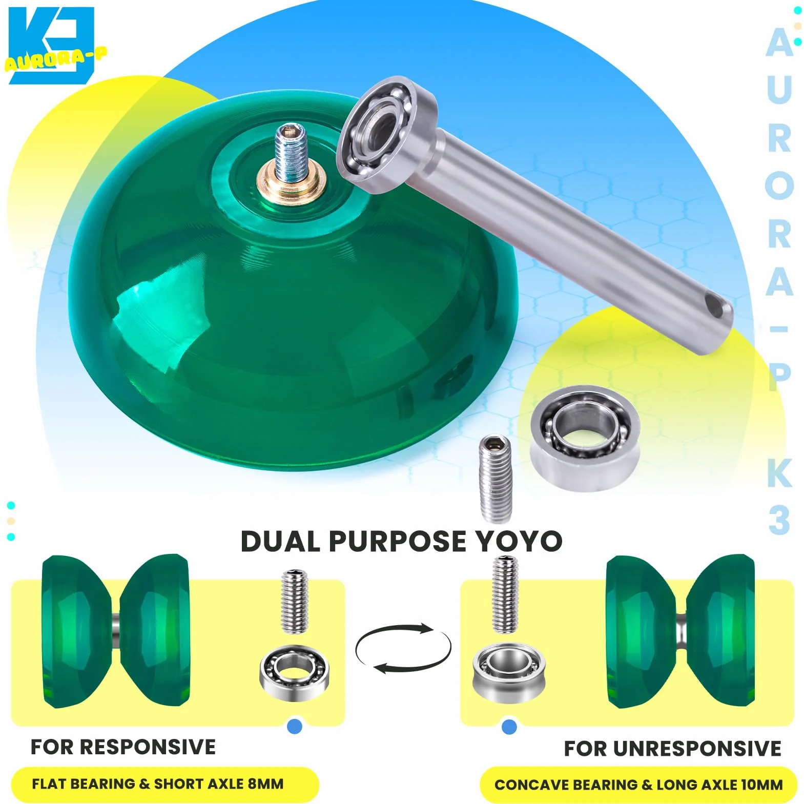 MAGICYOYO K3 Aurora-p, Professional JoJo With Finger Spin for Kids, Responsive and Non-Responsive With 12 Strings and Accessory Set (Dark Green)