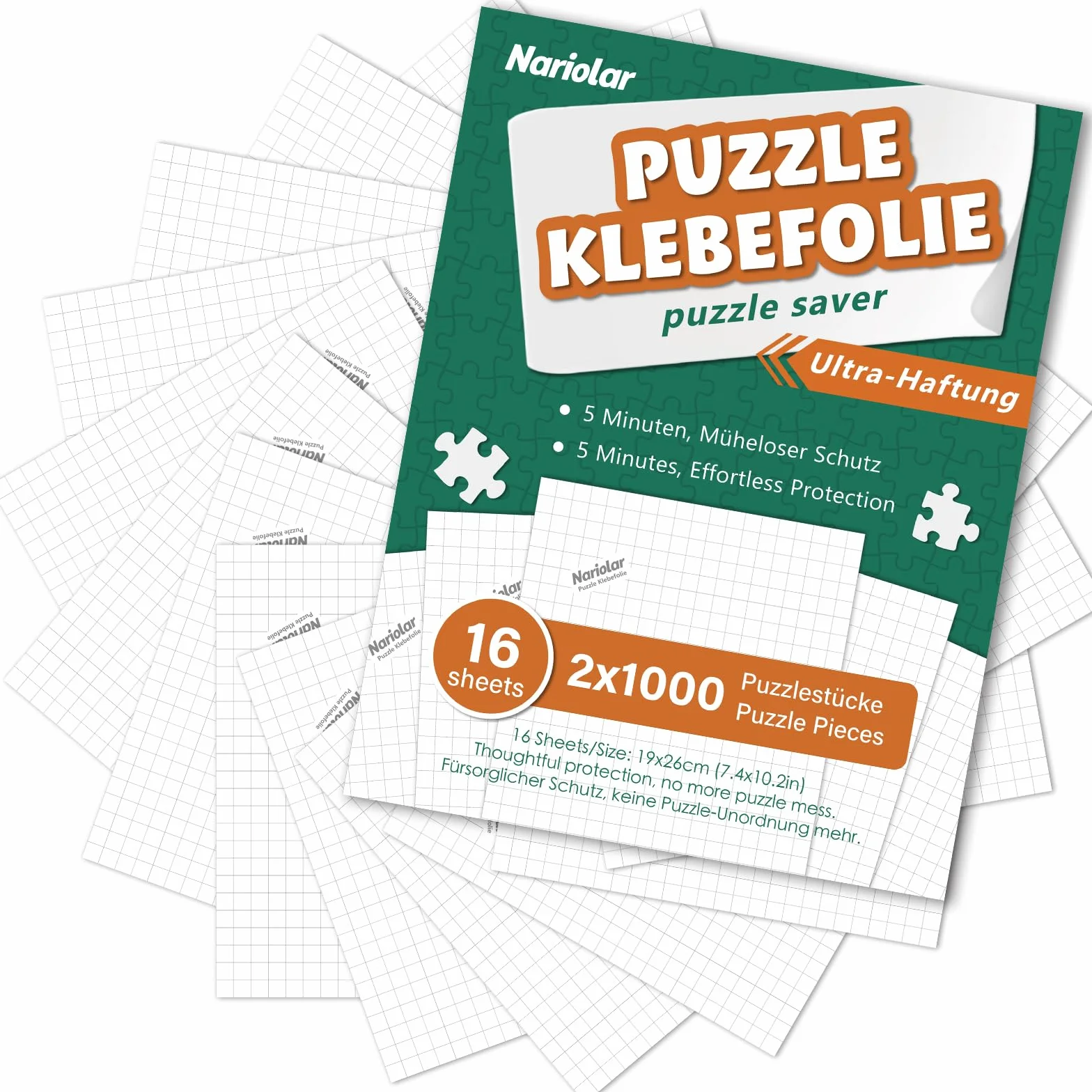Nariolar Ultra-przyczepna folia samoprzylepna, 16 super kleju do puzzli, do otrzymania 2 x 1000 elementów i ochrony puzzli w ciągu zaledwie kilku minut