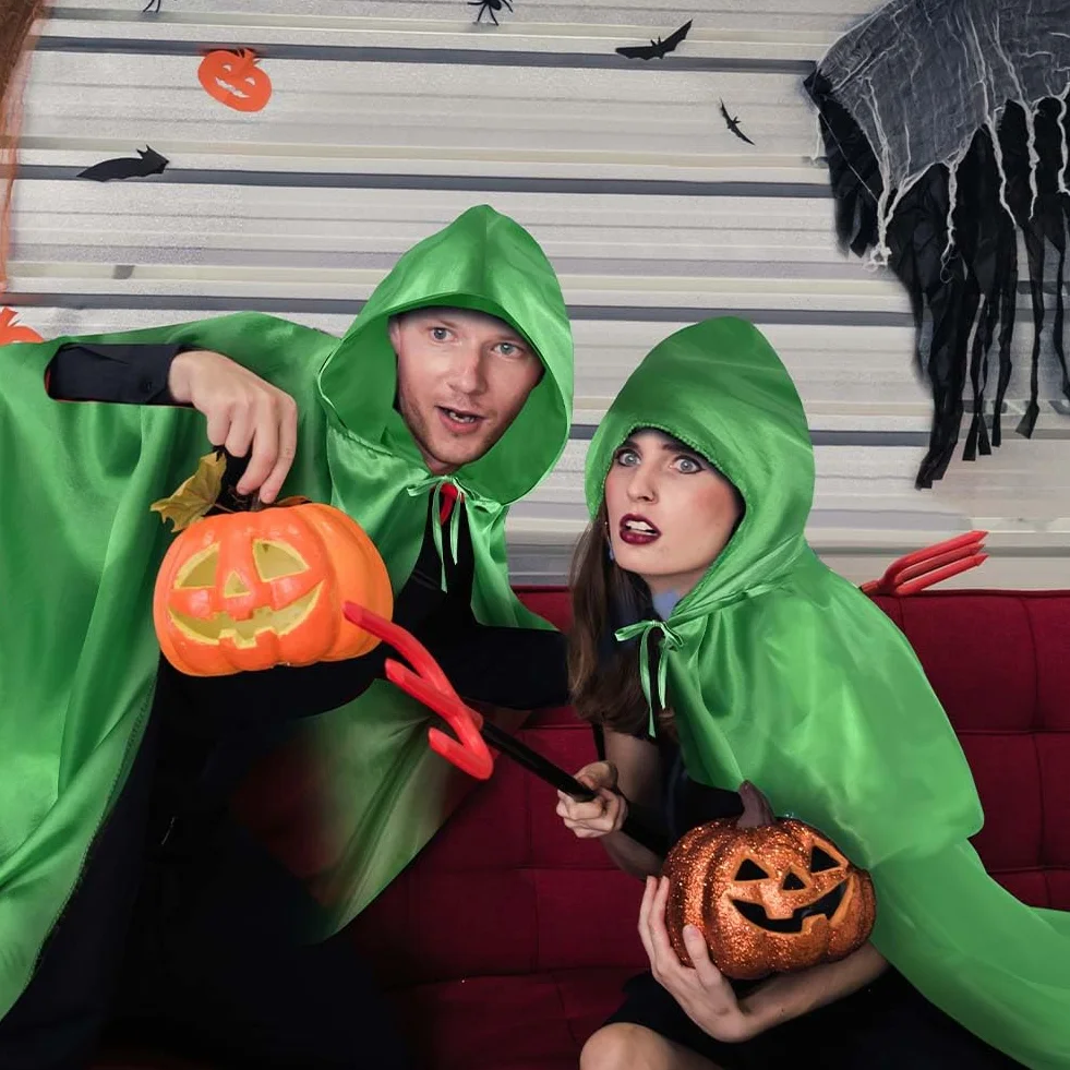 Aomig Czarna peleryna z kapturem na Halloween dla dorosłych, długa peleryna z kapturem, czarownica, akcesoria do cosplay, tajemniczy czarodziej, bajkowy, fantazyjny kostium, Halloween, maskarada