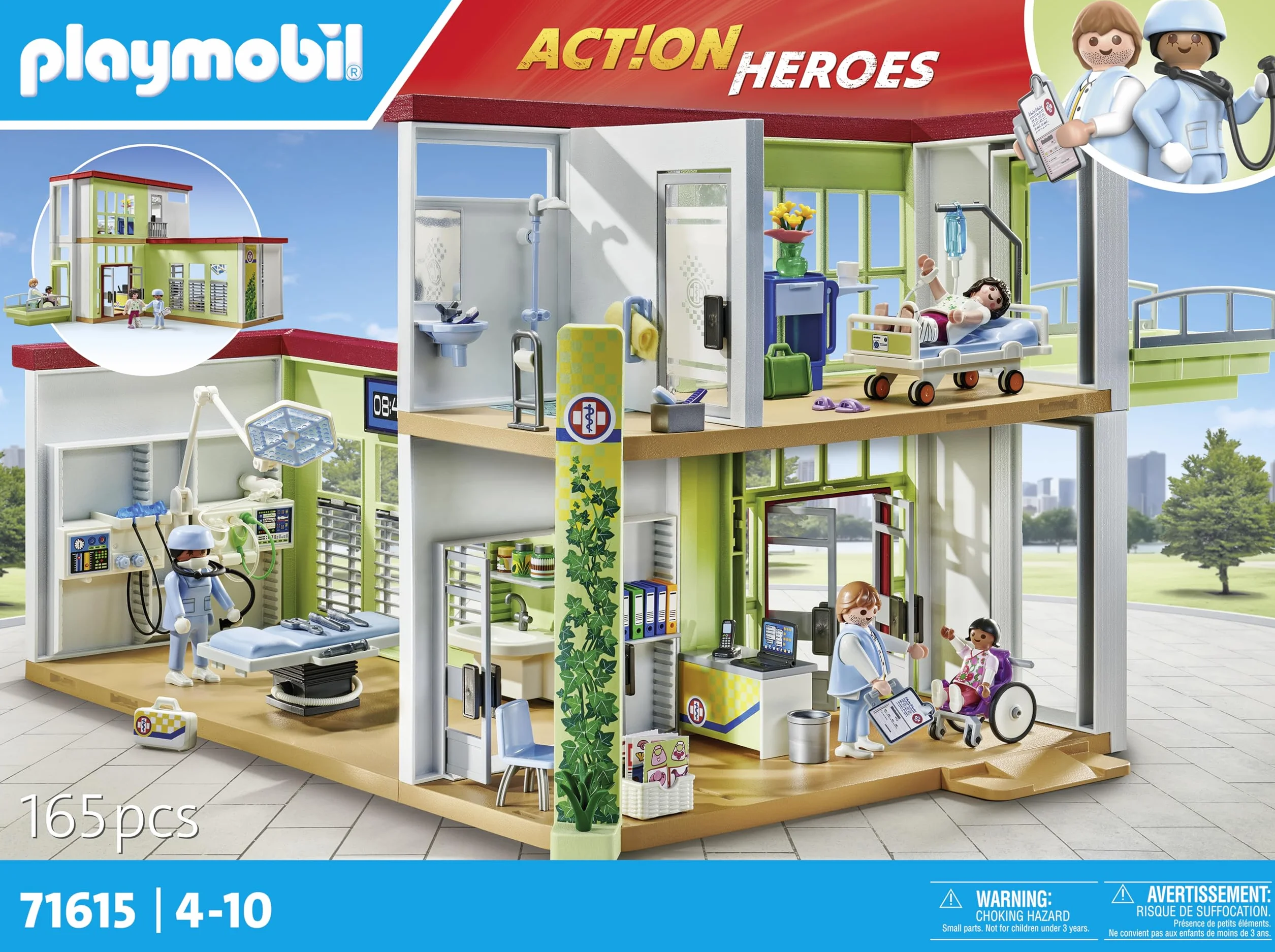 PLAYMOBIL Action Heroes 71615 Nowoczesny szpital, wyprodukowane średnio w w ponad 80% z materiałów pochodzących z recyklingu i materiałów ekologicznych, zestaw dla dzieci od 4 roku życia