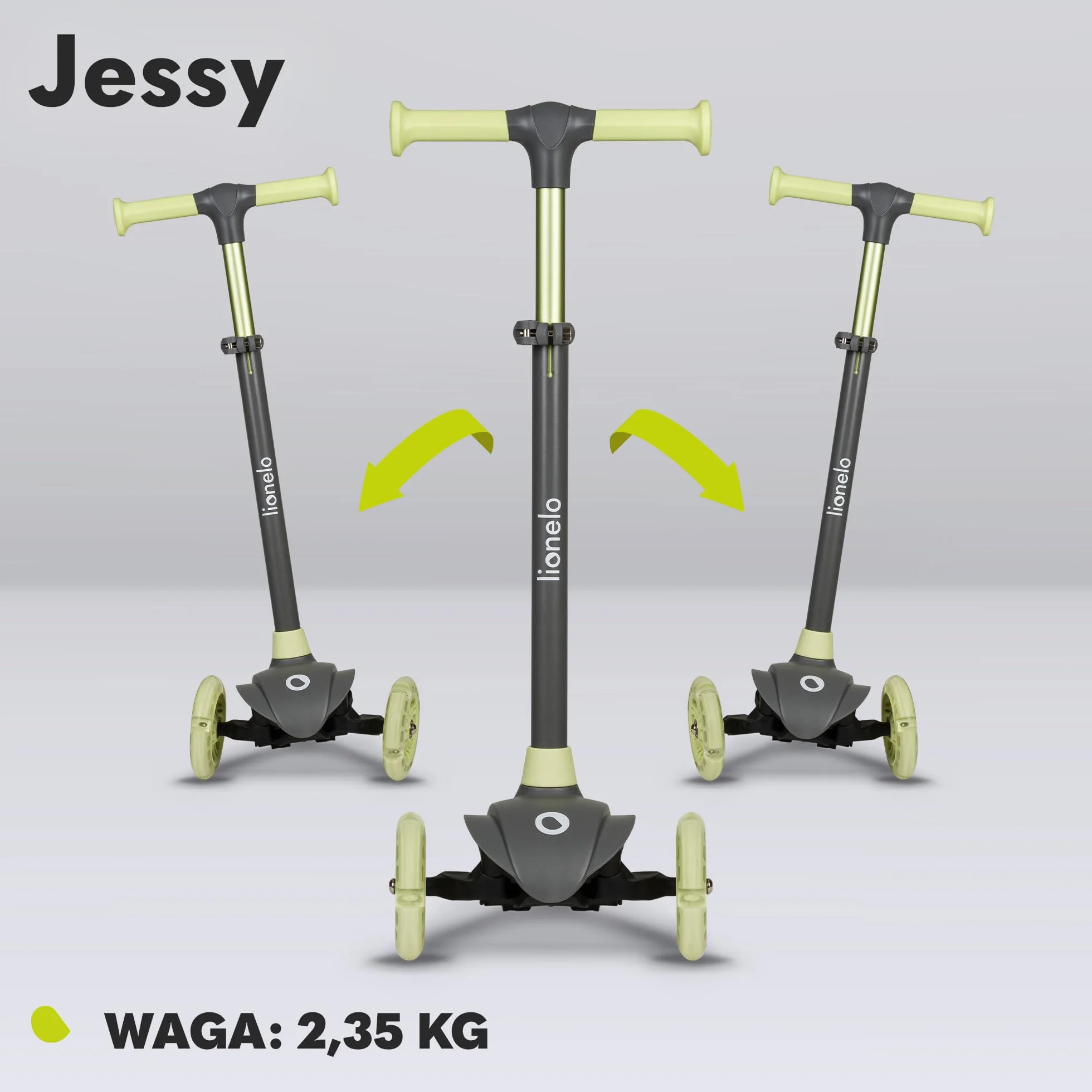 LIONELO JESSY Hulajnoga Balansowa dla Dzieci od 3 roku życia do 50 kg, Lekka Trójkołowa Hulajnoga Dziecięca z Regulacją Wysokości, Koła LED, Antypoślizgowy Podest