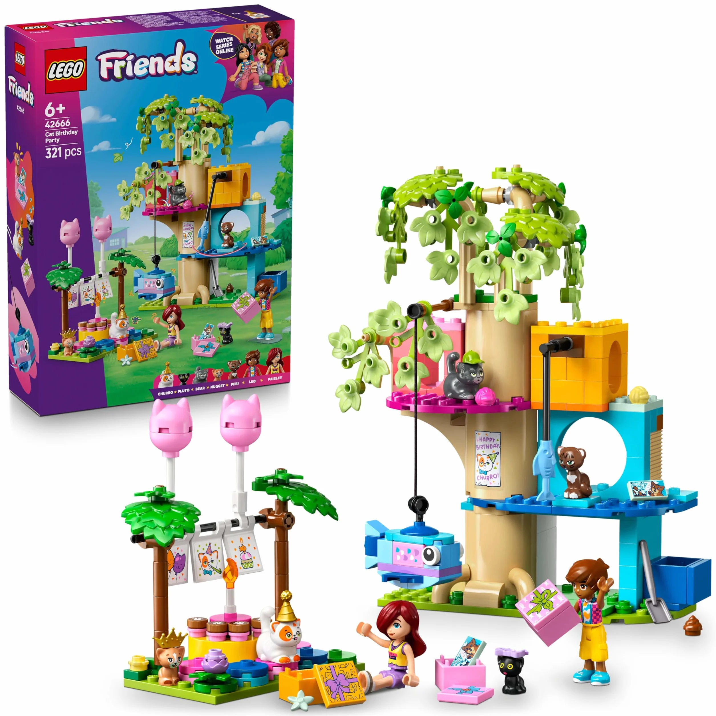 LEGO Friends Kocie przyjęcie urodzinowe i domek na drzewie, zabawka dla dziecka z pięcioma figurkami zwierząt, zestaw dla 6-latki i pomysł na prezent dla dziewczynki, chłopca, miłośnika kotów 42666