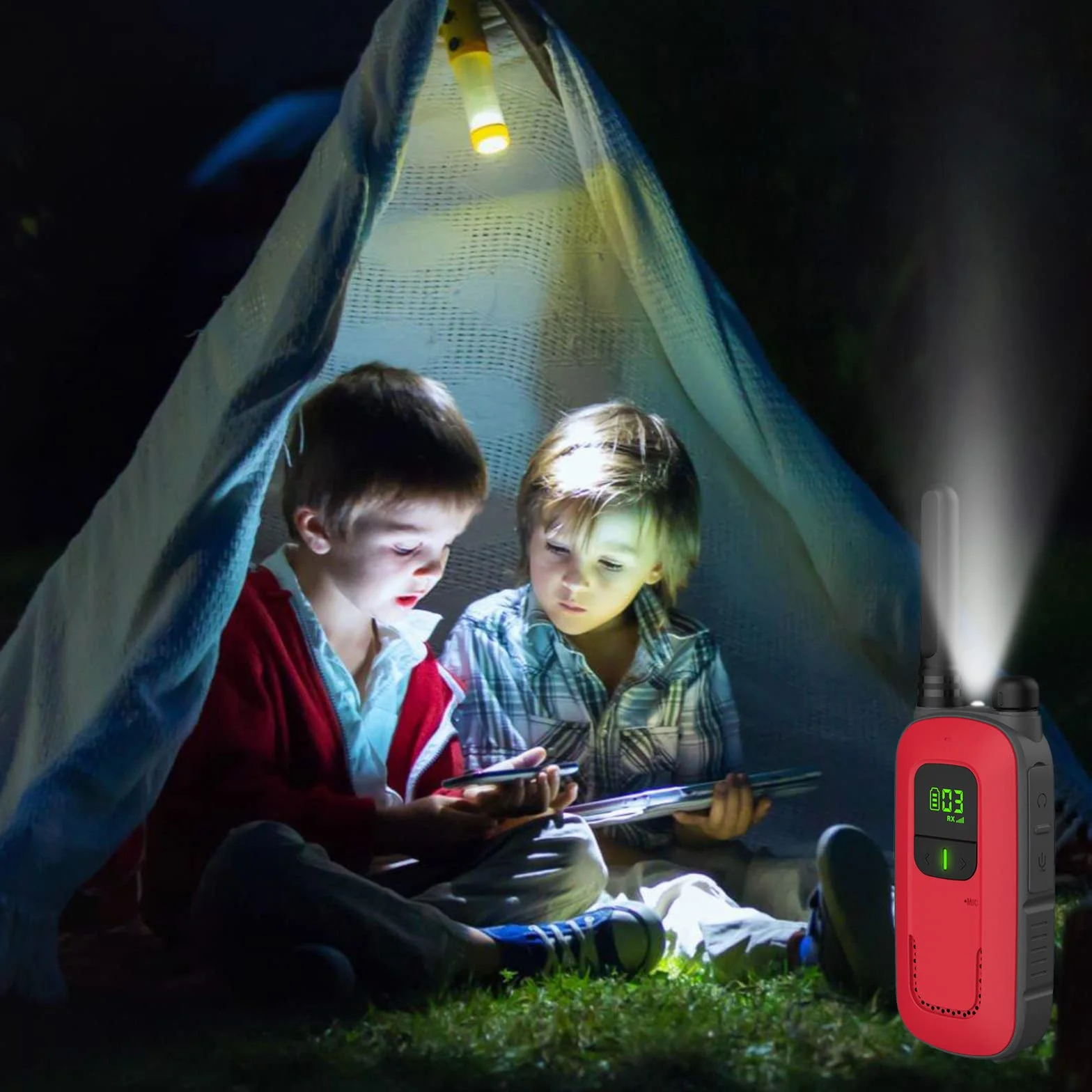 Radioddity PR-T3 Walkie Talkie PMR446 krótkofalówka VOX z 16 kanałami, latarka, zasięg 4 km, ładowalne akumulatory do przygód, aktywności na świeżym powietrzu, na kemping, 2 sztuki