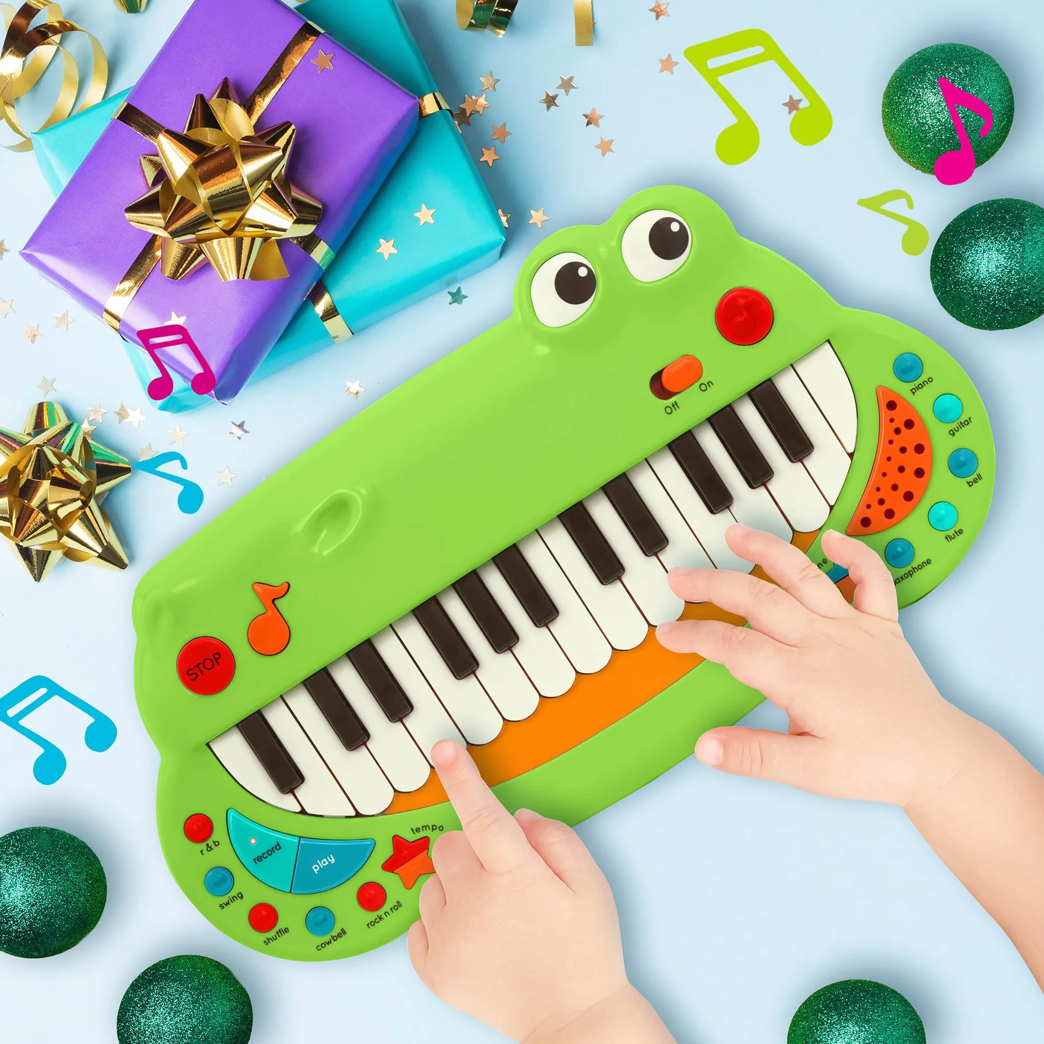 Battat BT4680Z krokodyl zabawka dla małych dzieci, muzyczne dzieci, pianino z 5 ustawieniami instrumentów - 2 lata +, zielona