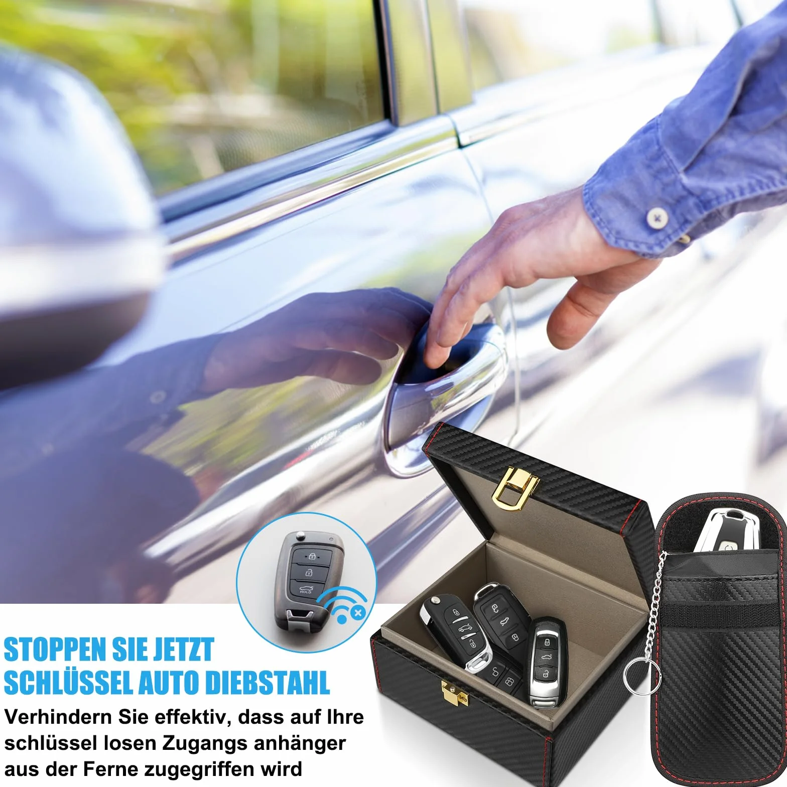 Diyife Keyless Go Faraday pudełko i sakiewka (2 czarne), na 5–7 kluczyków samochodowych, zabezpieczenie przed kradzieżą, blokada RFID, 14,0 × 12,3 × 7,4 cm