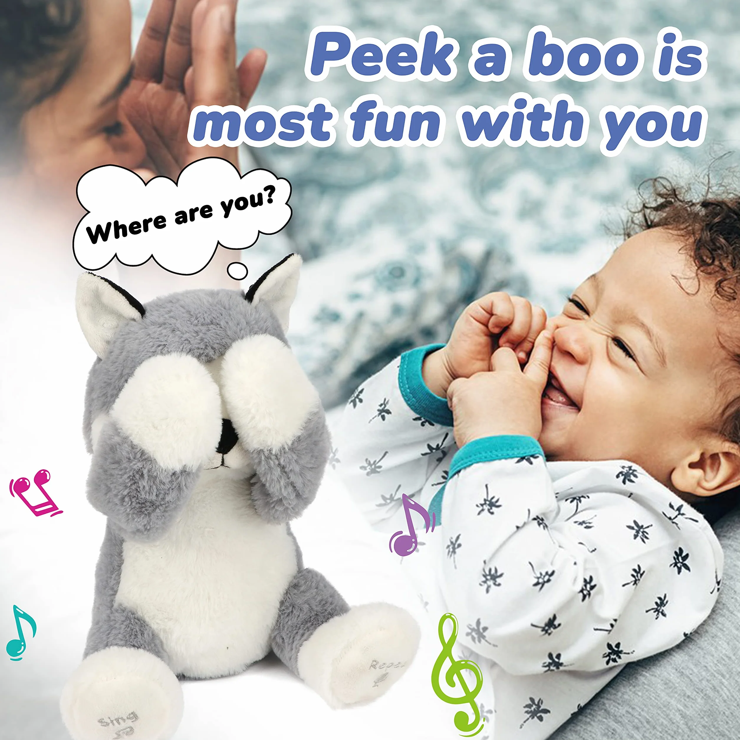 Hopearl Peek A Boo Husky Interaktywna Zabawka Dla Psów, Która Powtarza To, Co Mówisz Pluszowa Zabawka Dla Psów Muzyczna Śpiewająca Gadająca Urocza Elektryczna Animowana Zabawka Urodzinowa, Szara, 29cm
