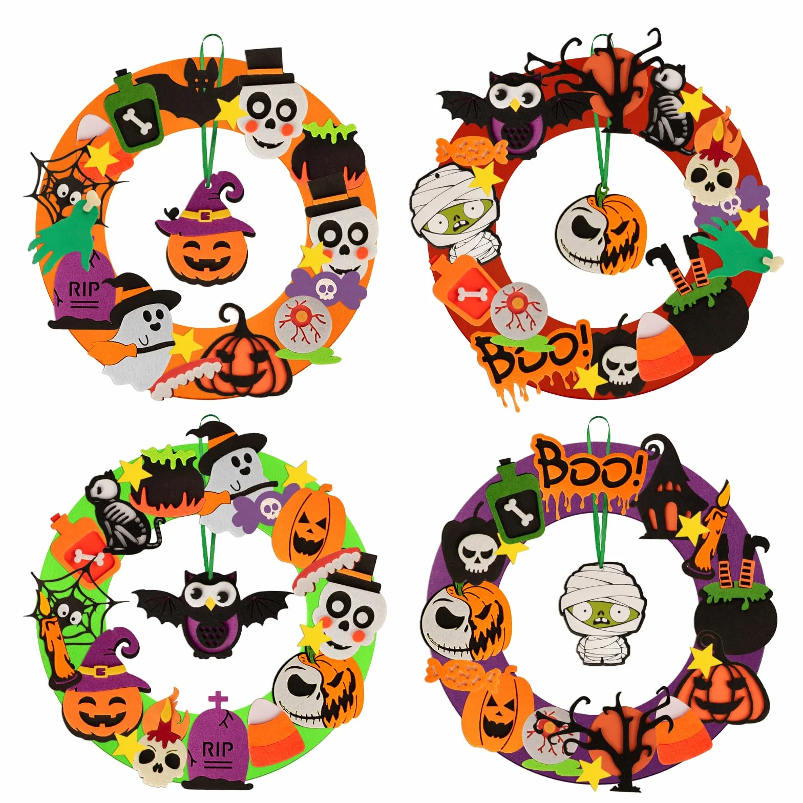 Benjia Wieniec na Halloween, zestaw rzemieślniczy dla dzieci, DIY, filcowy wieniec, ozdoby na Halloween, z bandażem, zombie, sową, dynią z horrorem, do aktywności imprezowych, 4 szt. (2501)