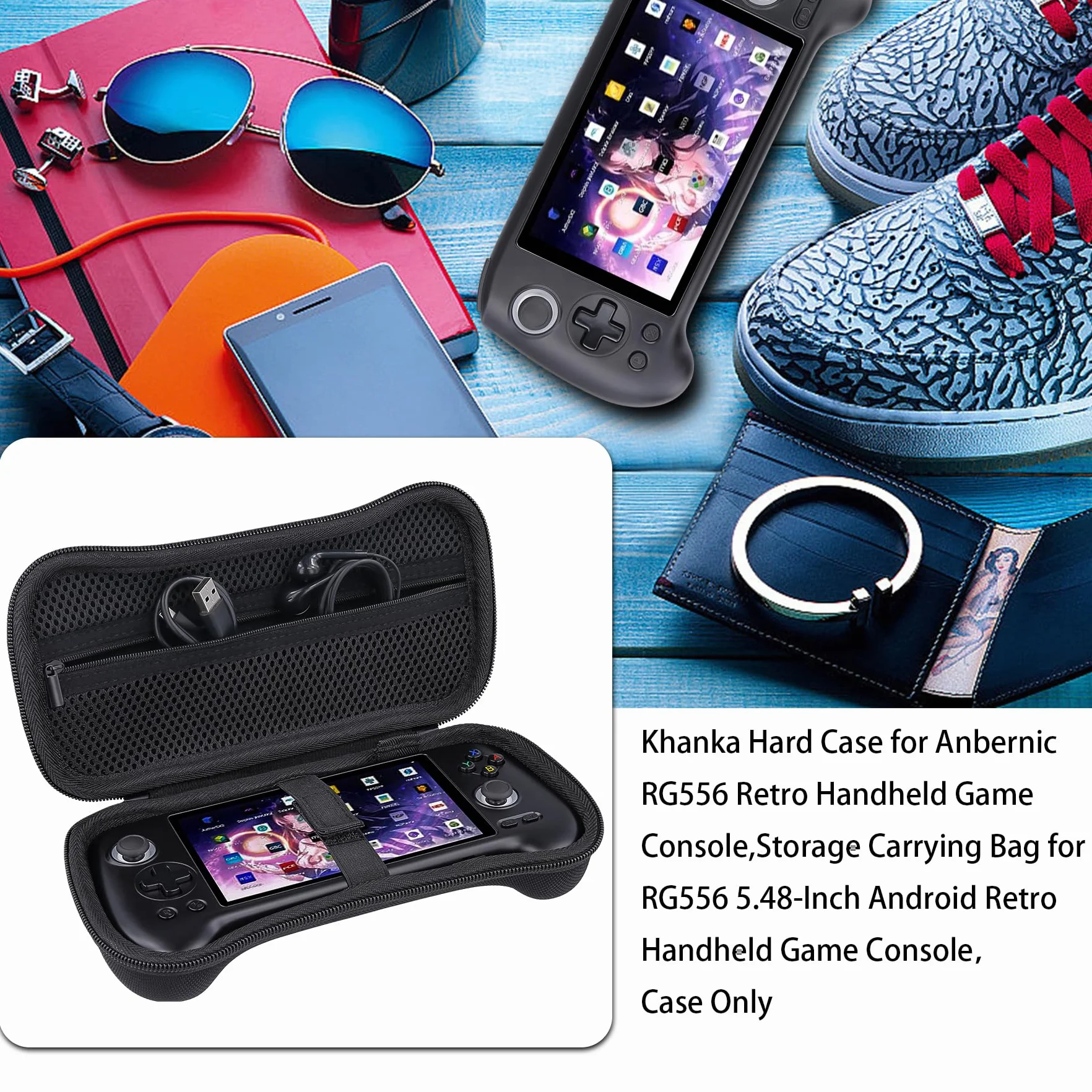 Khanka Twarde etui na przenośną konsolę do gier Anbernic RG556 Retro, torba do przechowywania na RG556 14.2 cm, ręczna konsola do gier z systemem Android, tylko obudowa (czarna)