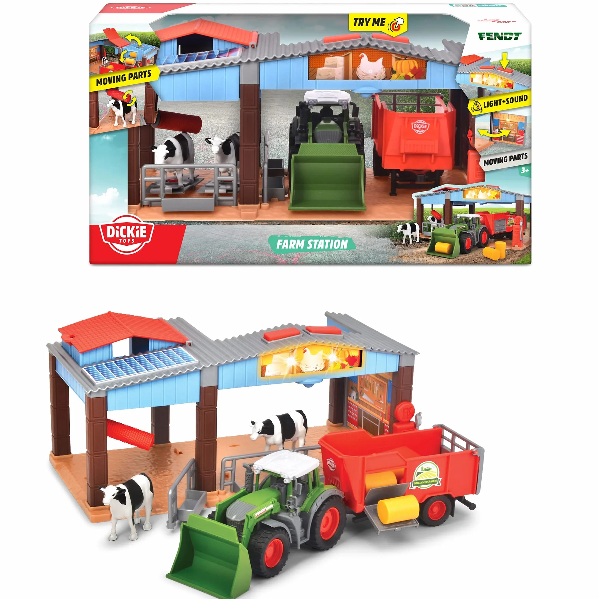 Dickie Toys 203735003 Stacja farma gospodarcza z traktorem i figurki; światło i dźwięk; ciągnik z przyczepą i krowami; zabawa w rolnika; wymiary: 17x30x15 cm; prezent dla dzieci od 3 lat