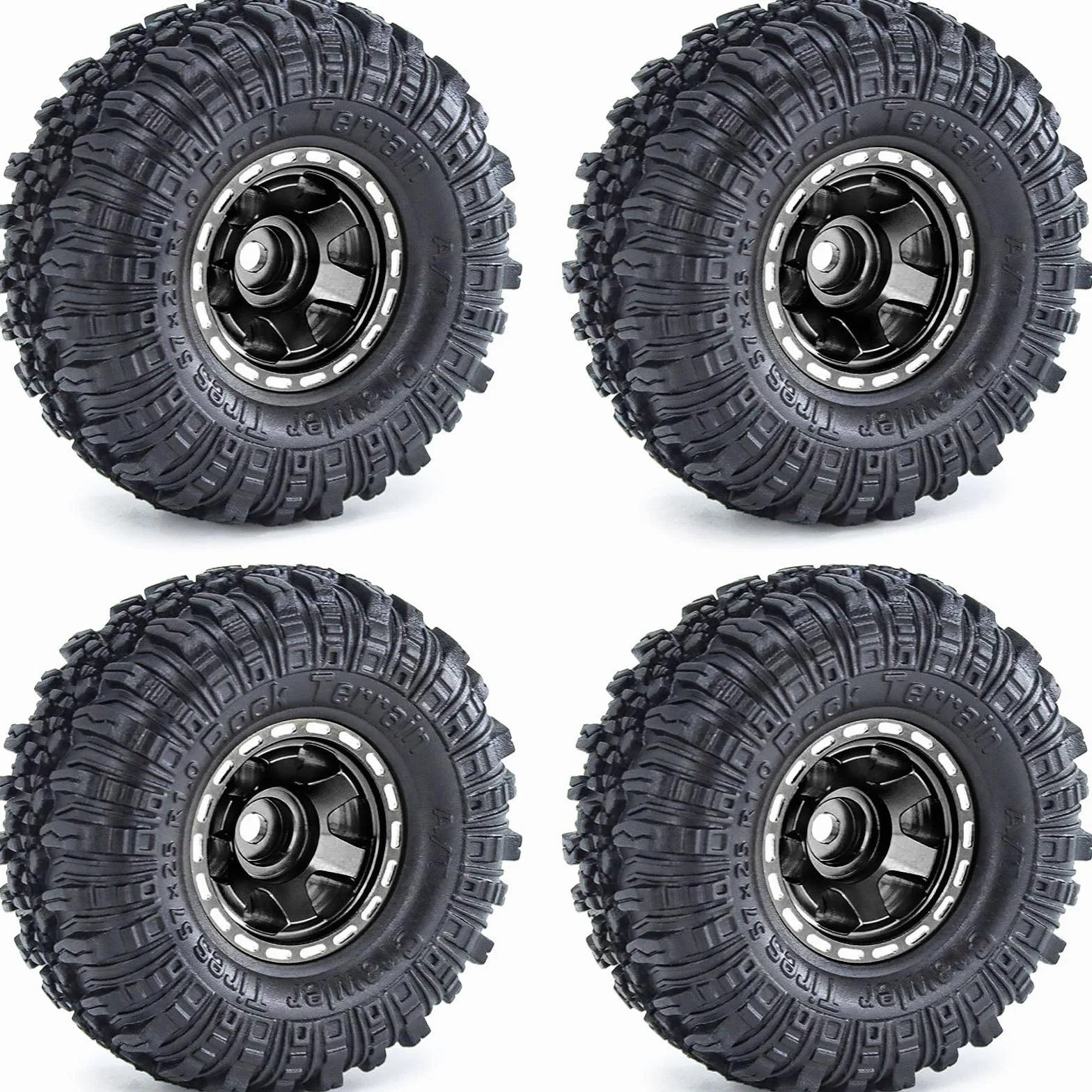 1.0 Beadlock zestaw felg i opon 57 x 24 mm, gumowe opony Rock Crawler i aluminiowe felgi do 1/18 1/24 Axial SCX24 TRX4M Gladiator Bronco C10 JLU Deadbolt RC Crawler Upgrade (czarny)