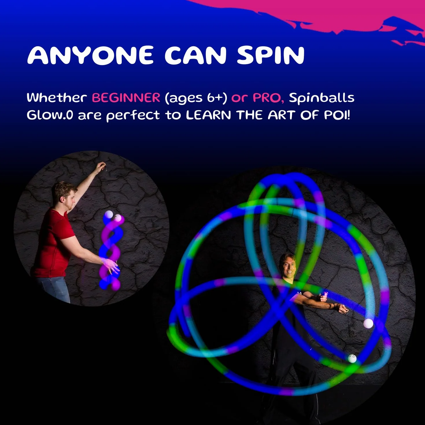 Spinballs Bolas Luminous - USB do ładowania z 22 trybami i kolorowymi wzorami świetlnymi - wytrzymała piłka do żonglowania, Soft-Core LED Kulki do Żonglerki z regulowanymi sznurkami i podwójną klamrą