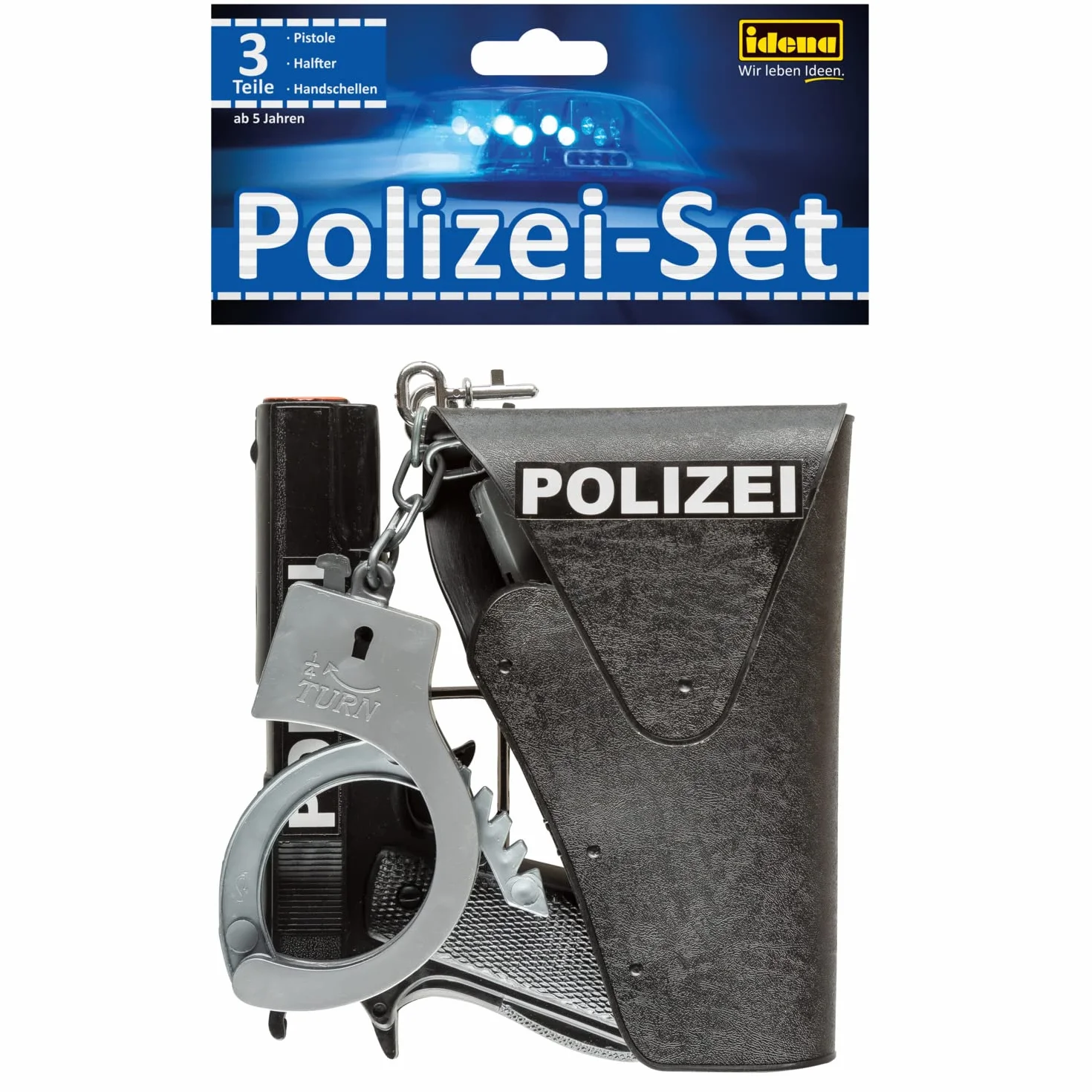 Idena 8040007 - Zestaw policyjny, pistolet, kabura i kajdanki, zestaw zabawowy, impreza tematyczna, karnawał