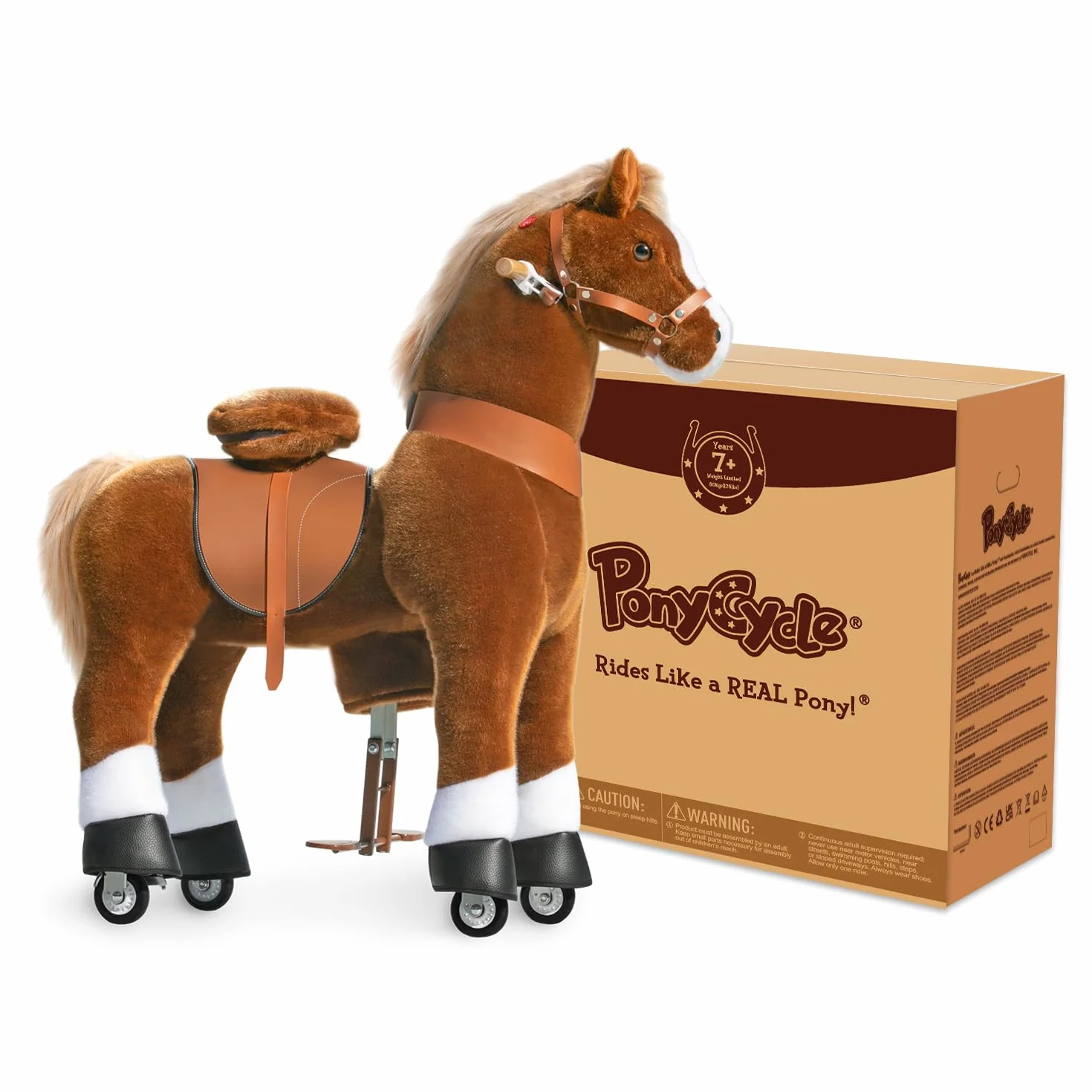 PonyCycle Klasyczny Model U Koń jeździecki na kółkach, pluszowy kucyk jeździecki, zwierzak na biegunach (z hamulcem i dźwiękiem/108 cm wysokości/Rozmiar 5 dla wieku 7+ lat), Brązowy Koń Ux524