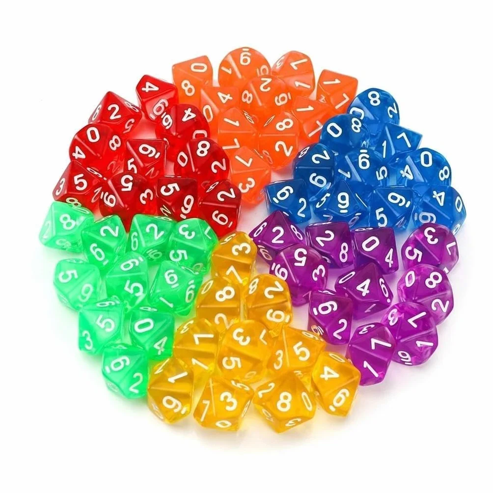 Zestaw 60 sztuk wielościennych kostek D10 – 10-stronicowe akrylowe Dice w 6 kolorach, kostki do gry DND, RPG, MTG, gier planszowych, gier karcianych i stołowych