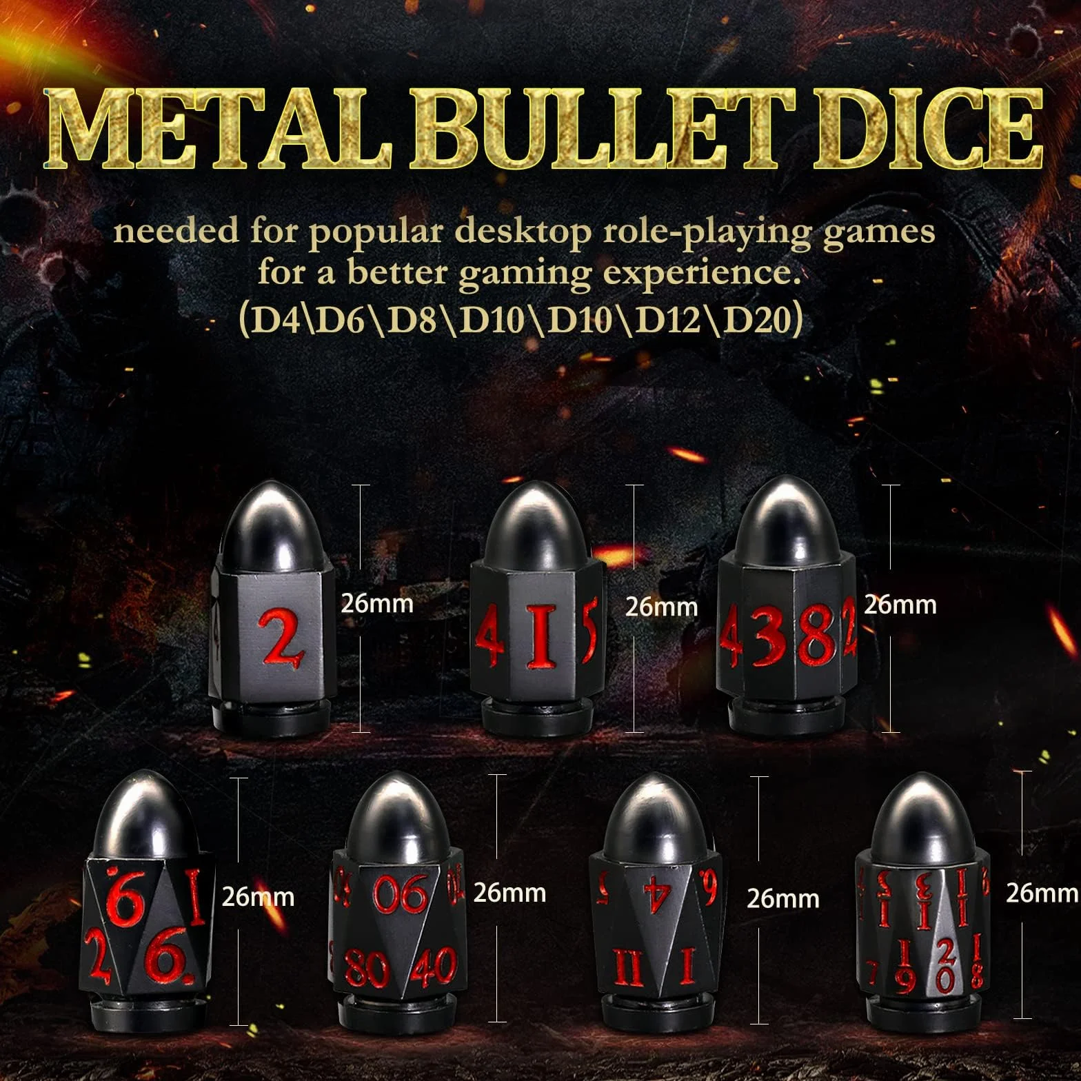 Zestaw kości DND Dungeons and Dragons, ZHOORQI Bullet Metal Dice, wielościenne kości do gier RPG D&D(7Bullet - Black Red)