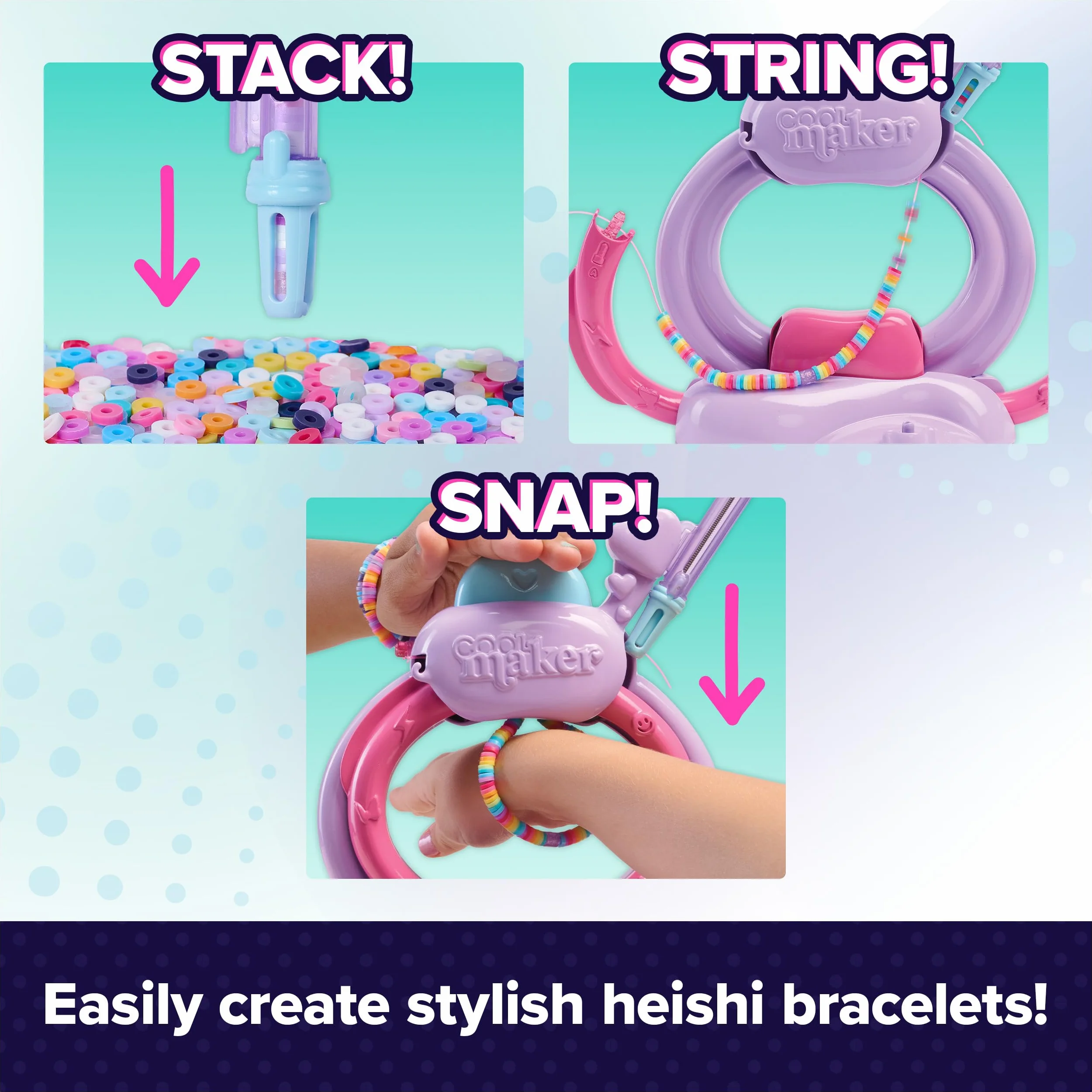 Cool MAKER Stack'd Heishi bransoletka Studio – z 1200 perłami i akcesoriami do 15 stylowych bransoletek, automatyczne nawlekanie, dla dzieci od 7 lat