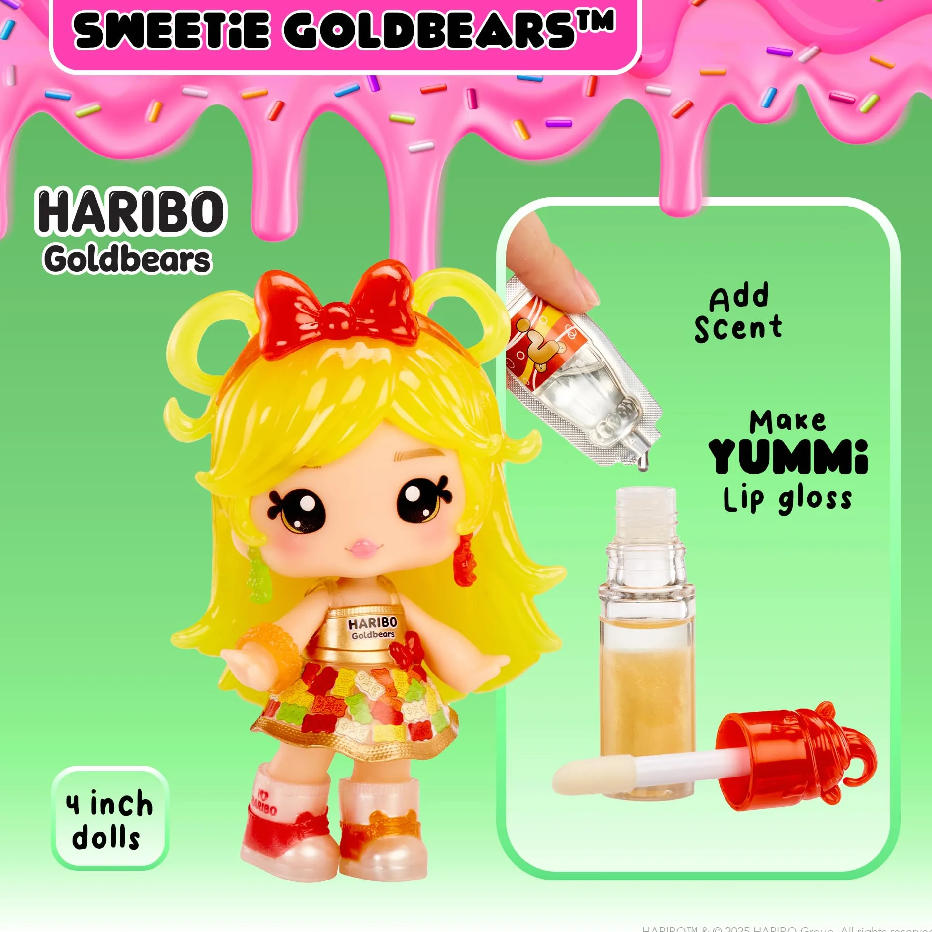 Yummiland x Licensed Sweets Lip Gloss Doll: Haribo Goldbears - Sweetie Goldbears – w Zestawie Lalka, Błyszczyk DIY i Breloczek! Zabawa z Makijażem i Kolekcjonerska Gratka dla Dzieci od 4. Roku Życia