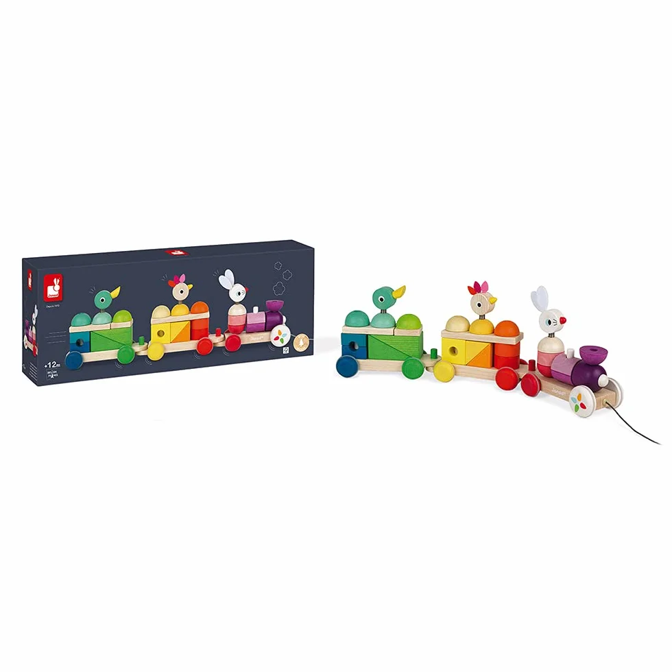 Janod - Zigolos Giant Multicoloured Wooden Train - 2-In-1 Early Learning Pull-Along Toy - Motor Skills Training - Water-Based Paint - Fsc Certified - from 1 Year Old, J08202