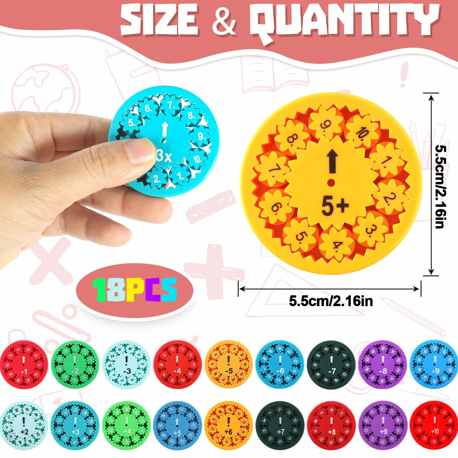 Math Fidget Spinner, 18-Częściowy Zestaw Zabawnych Zabawek Edukacyjnych Fidget (Dodawanie Odejmowanie Mnożenie Dzielenie), Spinner na Palce Łagodzący Stres, Zabawka Matematyczna Fidget