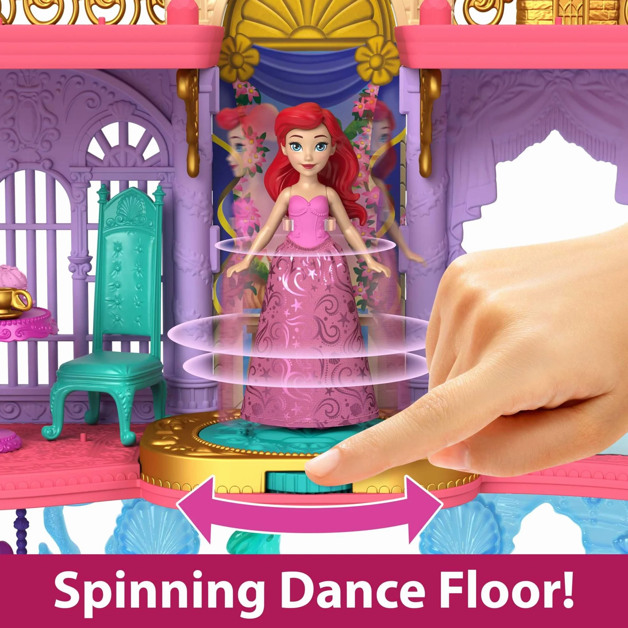 Mattel Księżniczka Disneya Pałac Arielki Domek dla lalek, mała lalka, 1 figurka przyjaciela, 12 elementów, 6 obszarów zabawy i basen, inspirowany filmem Disneya HLW95