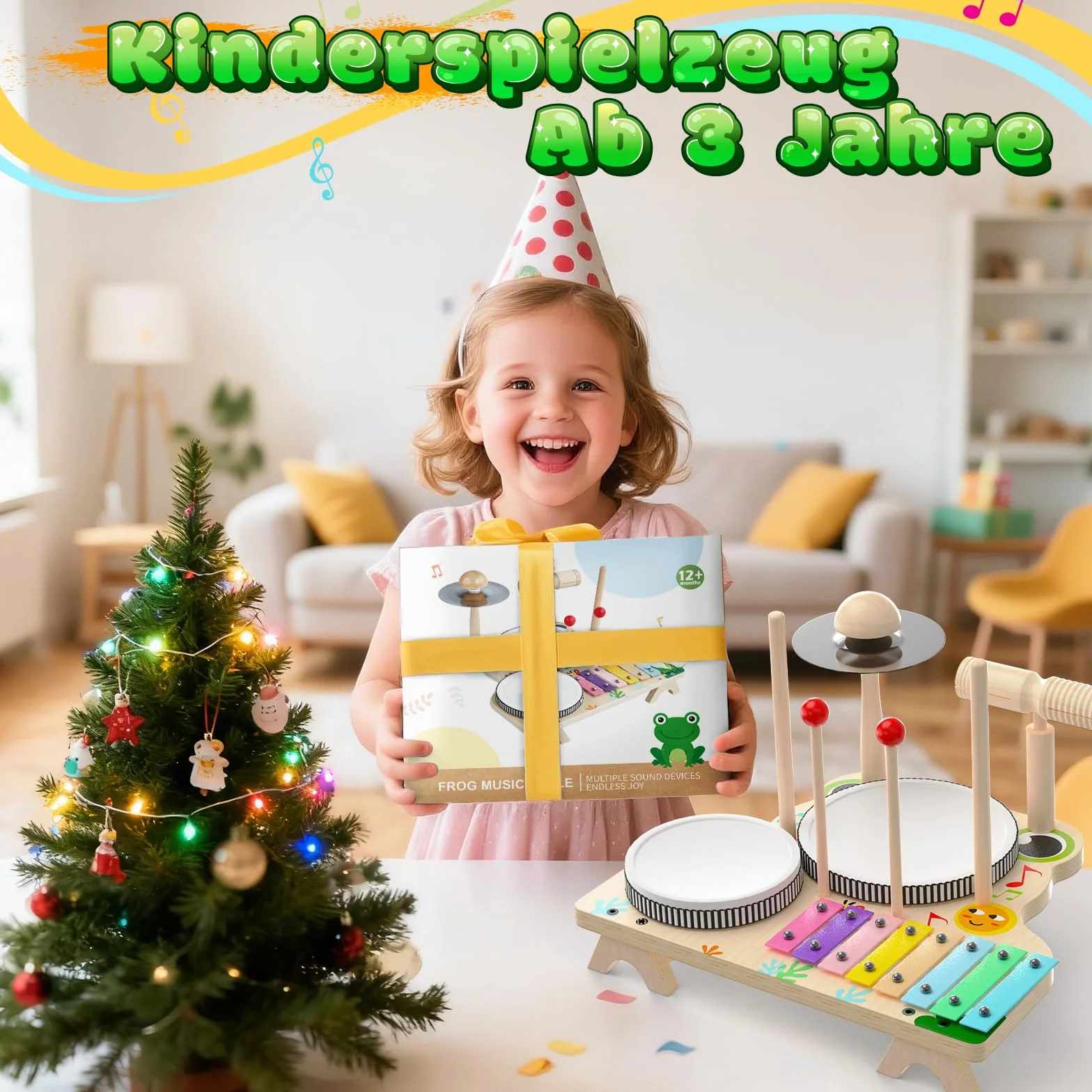 Skirfy Instrumenty muzyczne dla dzieci, drewniana zabawka, zestaw perkusyjny z pałeczkami perkusyjnymi i ksylofonem, zabawka edukacyjna dla chłopców i dziewczynek od 3, 4, 5 lat, zabawka sensoryczna