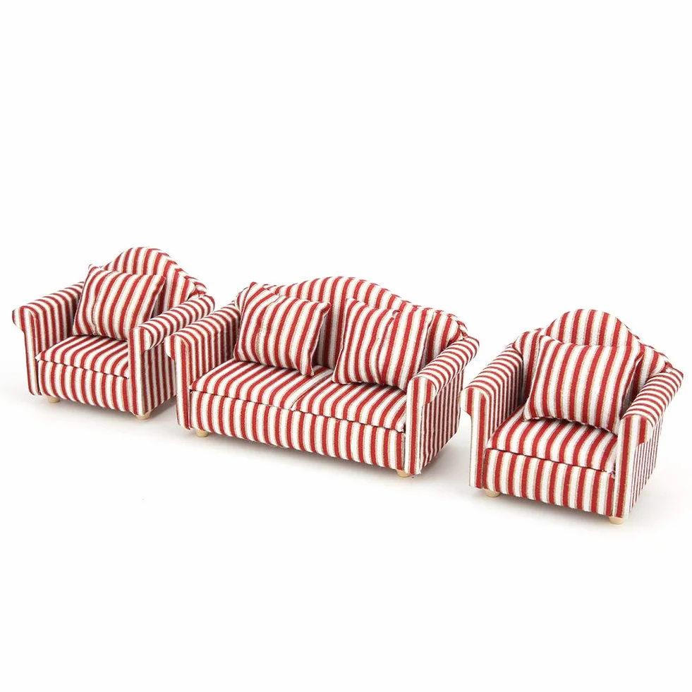 3 sztuk 1:12 zestaw sof dla lalek Mini dekoracja domku dla lalek pomarańczowe różowe złoto w paski drewniane tkaniny Mini miniaturowy salon zabawka dla dzieci dekoracja na meble do domku dla lalek z 4 poduszkami