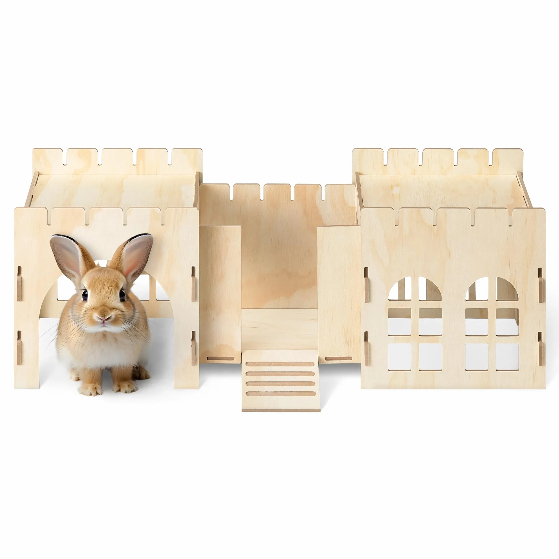 Navaris Zamek królika, drewniany domek do zabawy dla króliczka, MDF i drewno sosnowe, kryjówka dla królików, fort, 69 x 24 x 25,5 cm