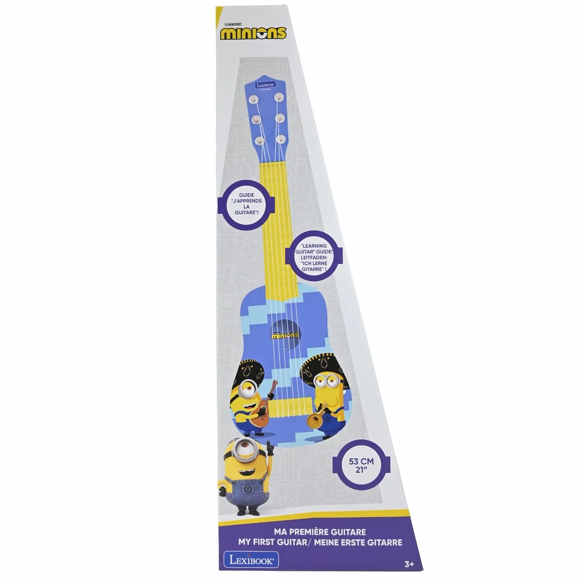 Lexibook, Mój ulubiony złoczyńca, Minionki, Moja pierwsza gitara, 6 strun nylonowych, 53 cm, przewodnik w zestawie, niebieski/żółty, K200DES
