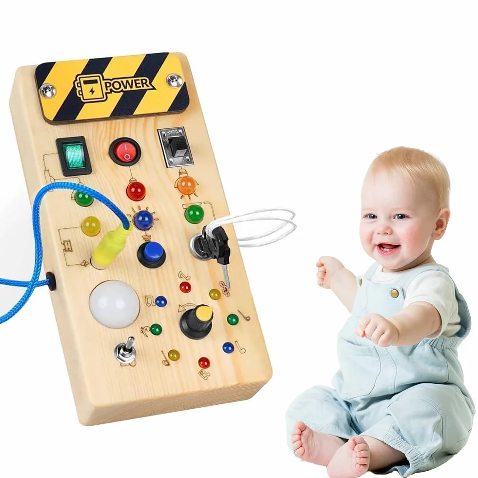 OBEST Montessori Busy Board zabawka ze światłami LED, deska do zajęcia dla niemowląt, zabawka edukacyjna, zabawka podróżna dla małych dzieci od 3 lat