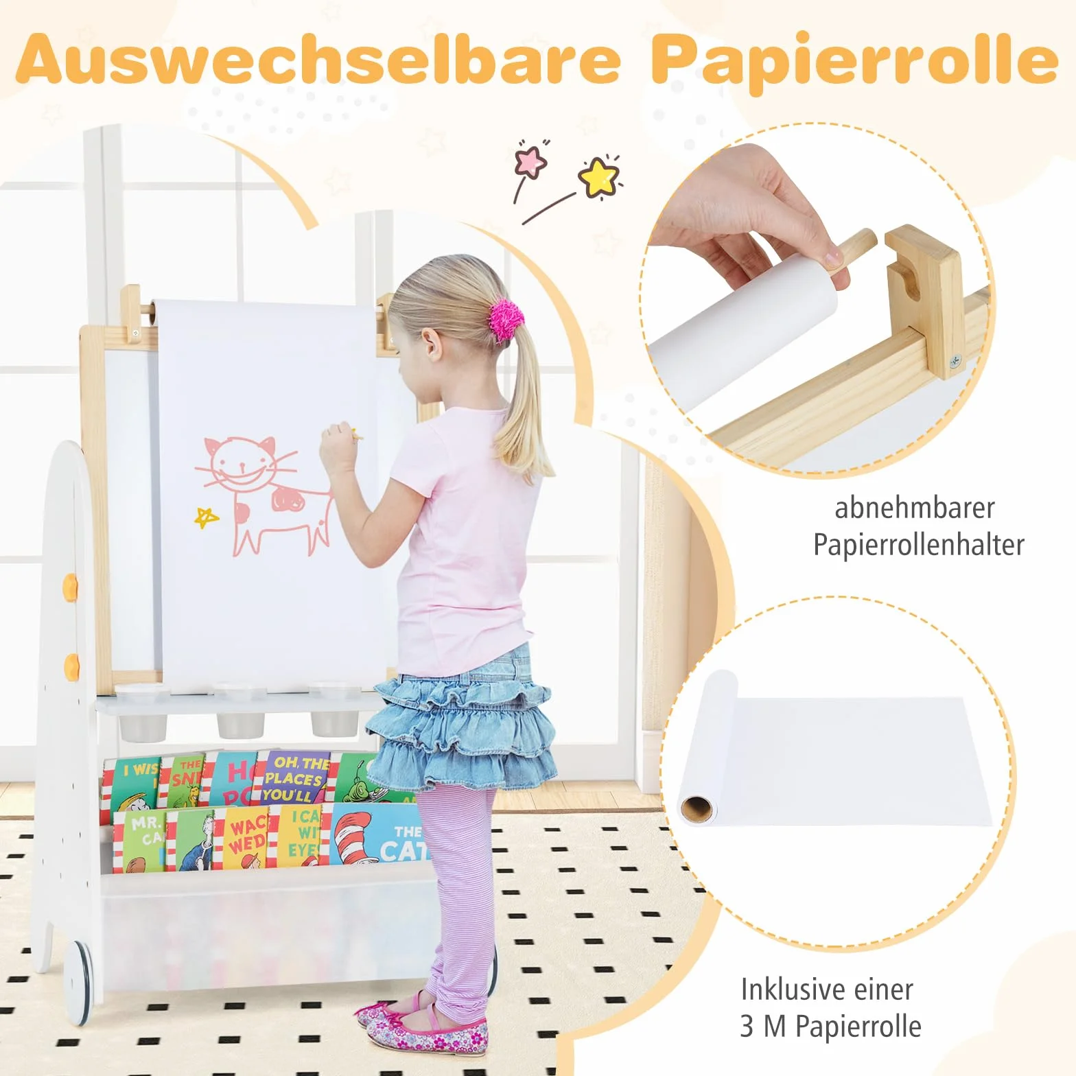 COSTWAY Sztaluga dziecięca z taboretem, tablica dziecięca 4 w 1, tablica magnetyczna, tablica szkolna, regał na książki, tablica stojąca w zestawie rolka papieru i akcesoria, sztaluga dla dzieci od 3